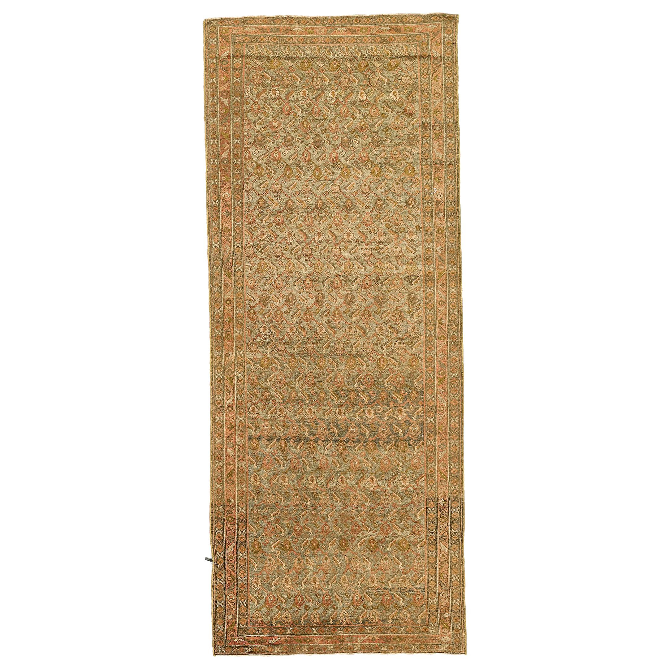 Antique Persian Malayer Runner Rug with Green & Pink Flower Heads All-Over For Sale