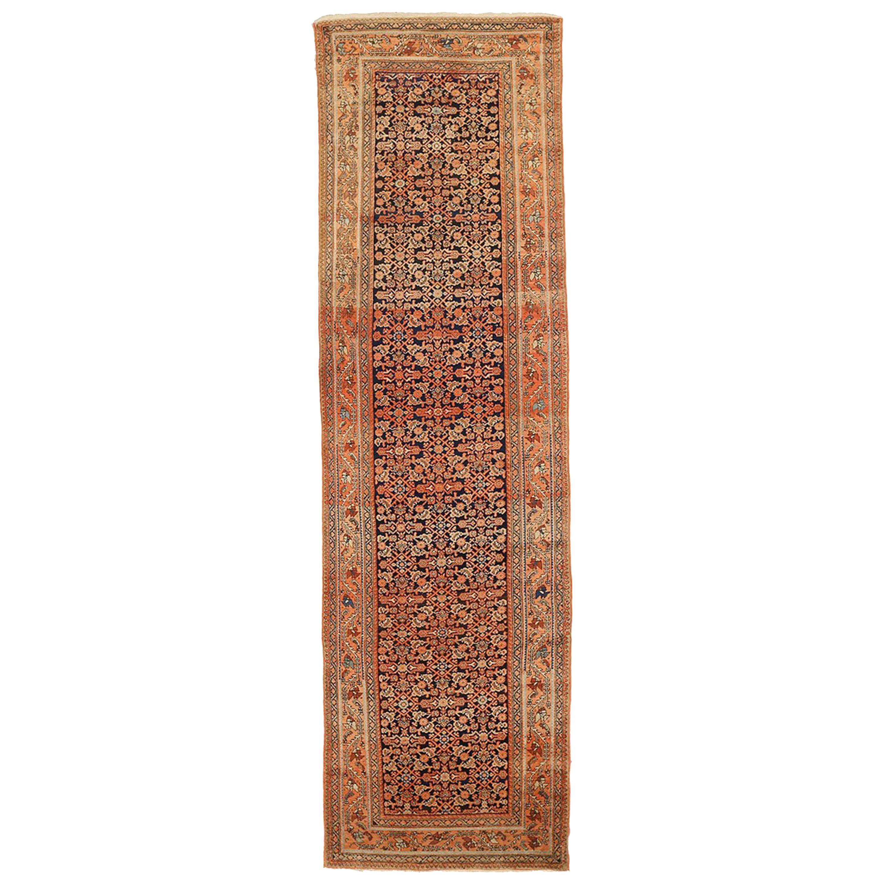 Antique Persian Malayer Runner Rug with Ivory and Brown Flower Details For Sale