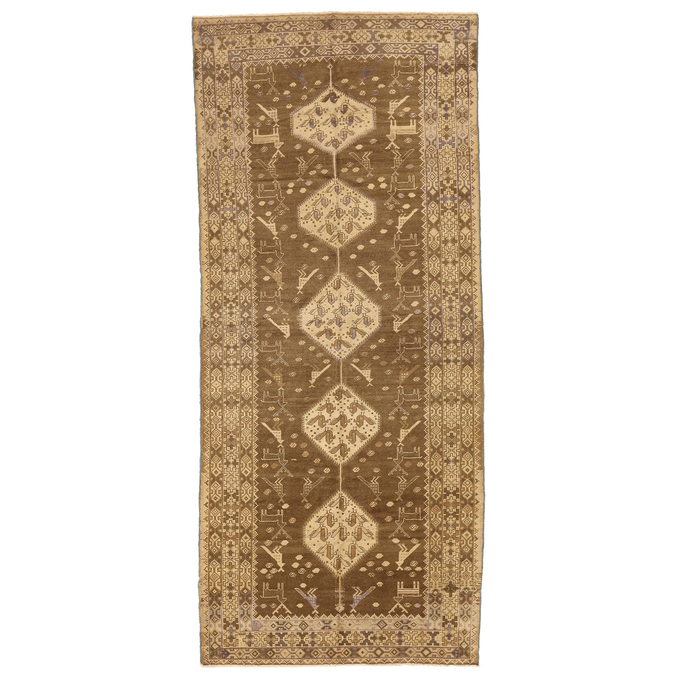 Antique Persian Malayer Runner Rug with Ivory and Brown tribal Details For Sale