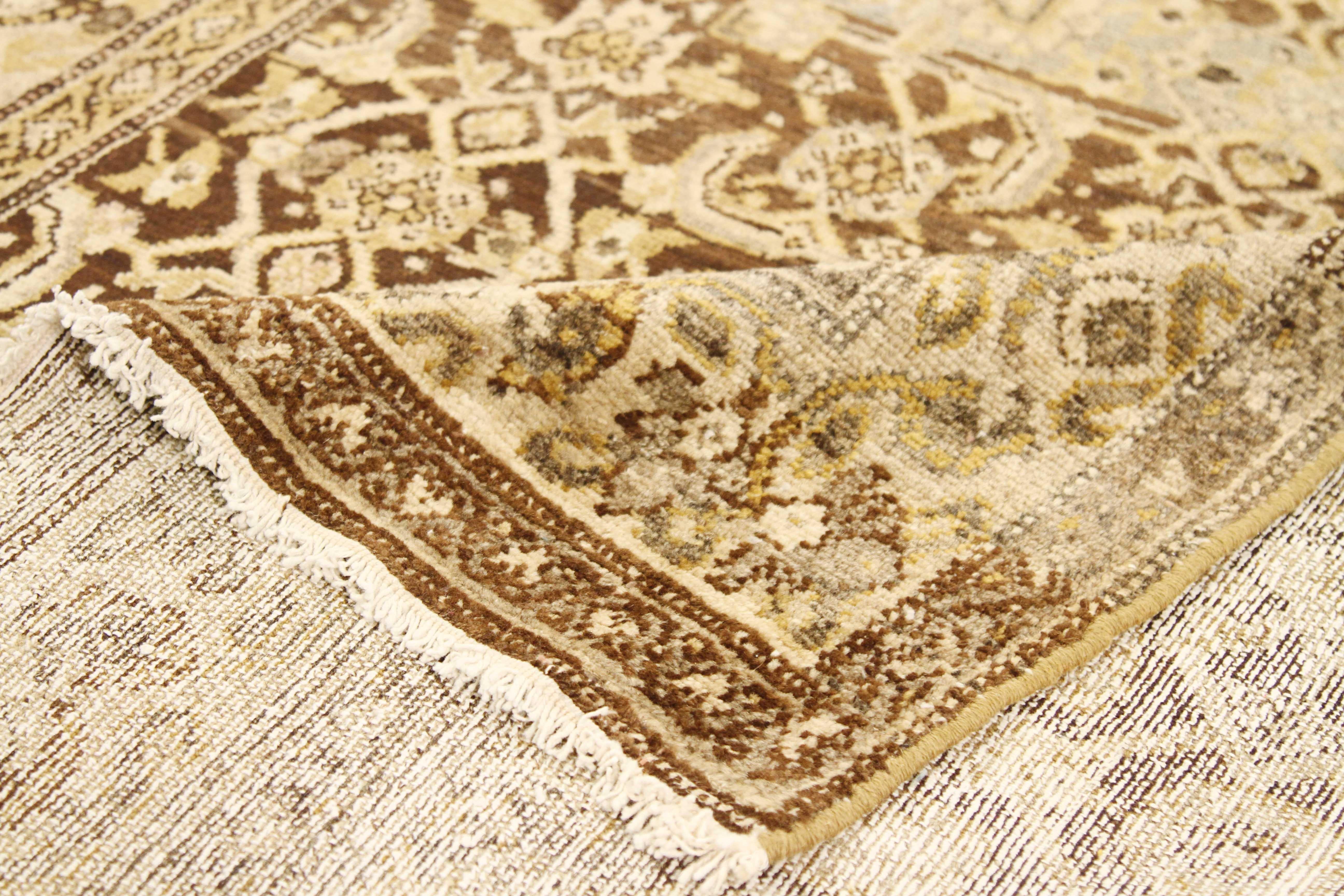 Hand-Woven Antique Persian Malayer Runner Rug with Ivory and Beige Botanical Details For Sale