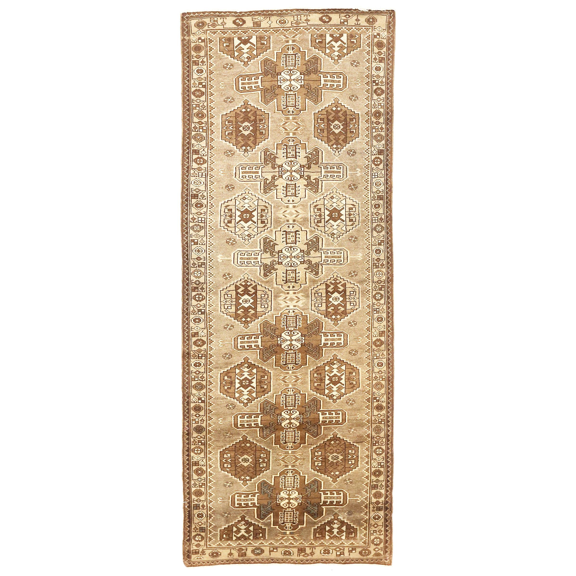 Antique Persian Malayer Runner Rug with Ivory and Brown Tribal Details For Sale
