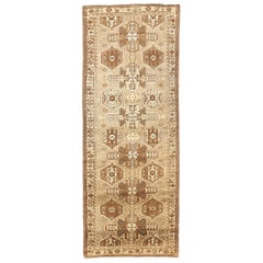 Antique Persian Malayer Runner Rug with Ivory and Brown Tribal Details