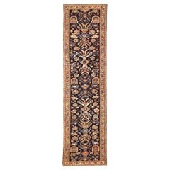 Antique Persian Malayer Runner Rug with Navy and Brown Botanical Details