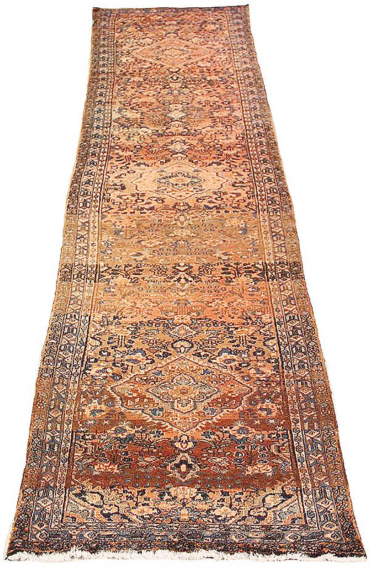 Antique Persian runner rug handwoven from the finest sheep’s wool and colored with all-natural vegetable dyes that are safe for humans and pets. It’s a traditional Malayer design featuring a mixed navy, black and brown combination of floral details