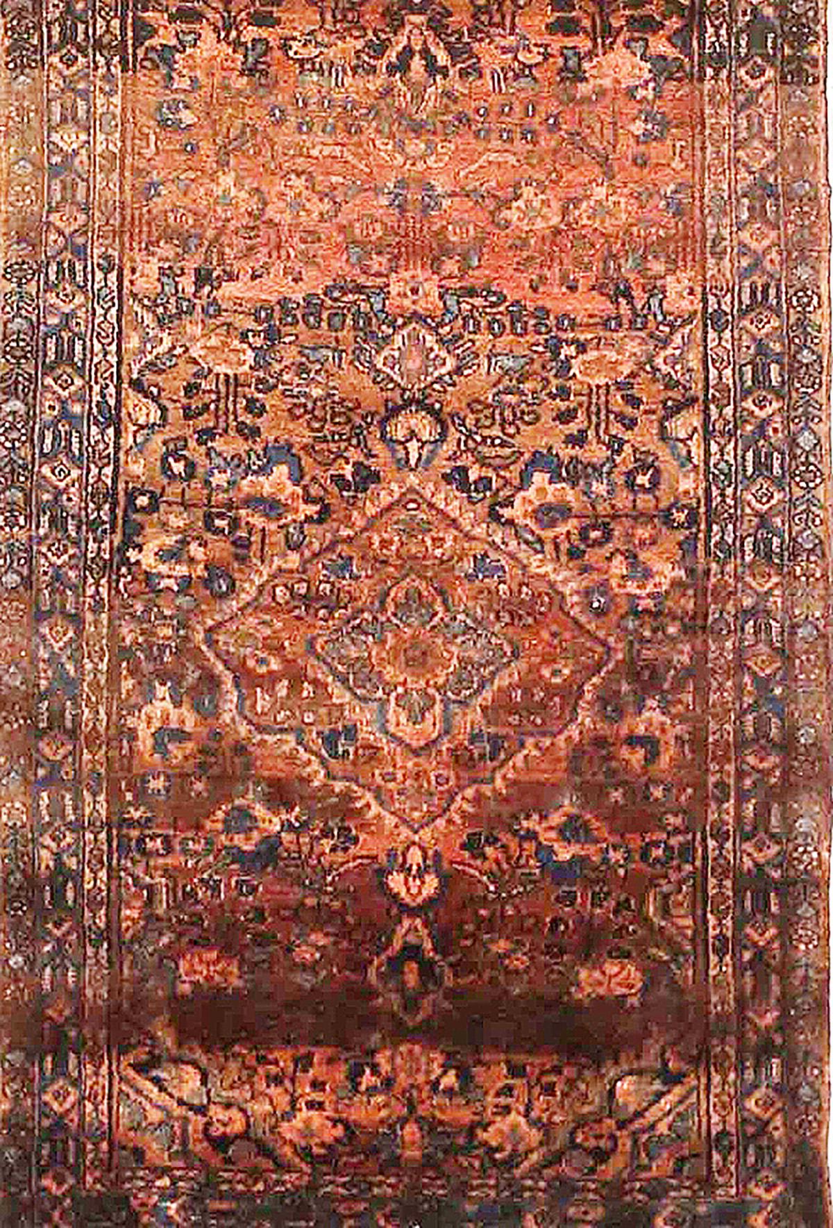 Hand-Woven Antique Persian Malayer Runner Rug with Navy and Black Floral Details All-Over For Sale