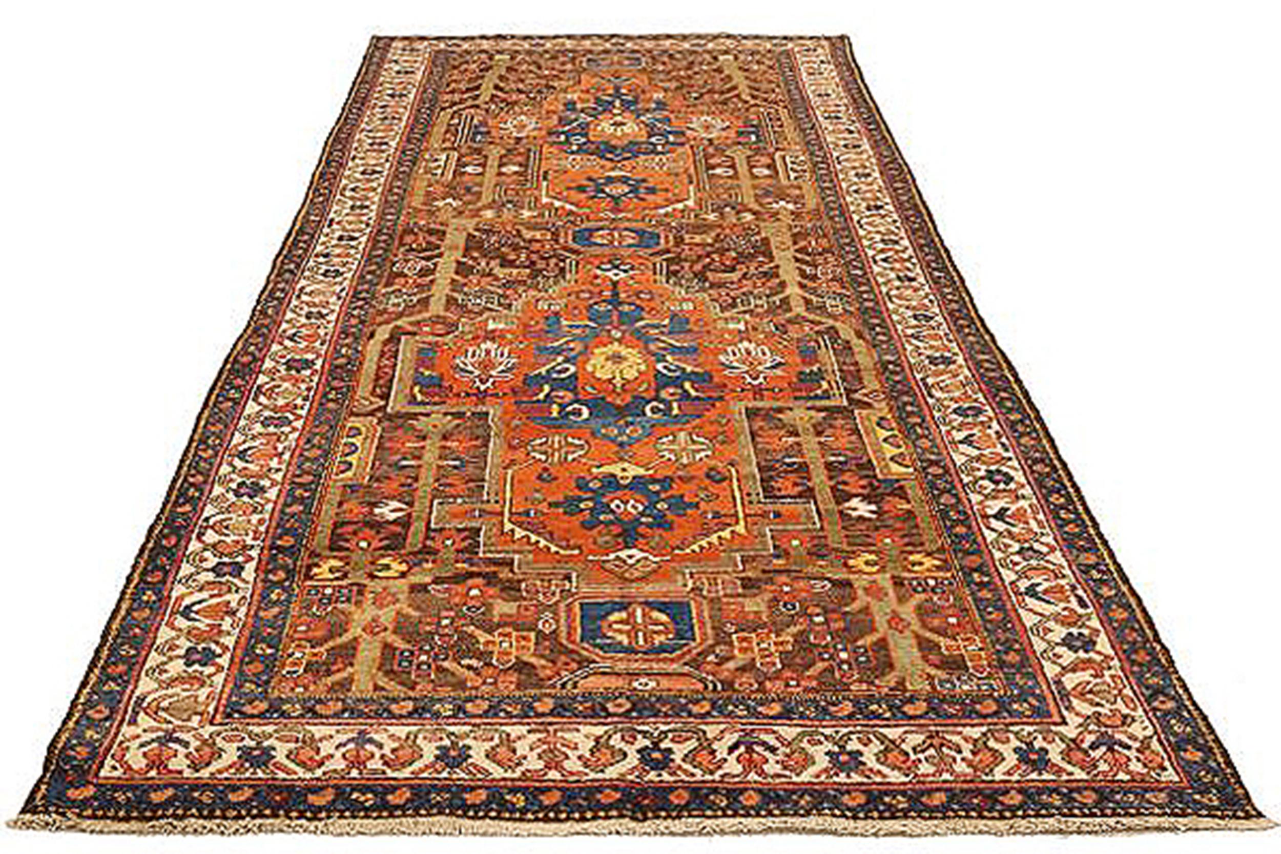 Hand-Woven Antique Persian Malayer Runner Rug with Navy & Orange Central Medallions For Sale