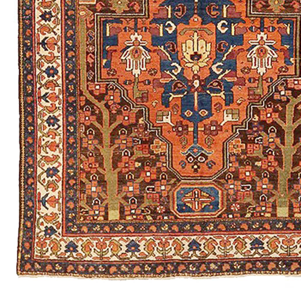 Antique Persian Malayer Runner Rug with Navy & Orange Central Medallions In Excellent Condition For Sale In Dallas, TX