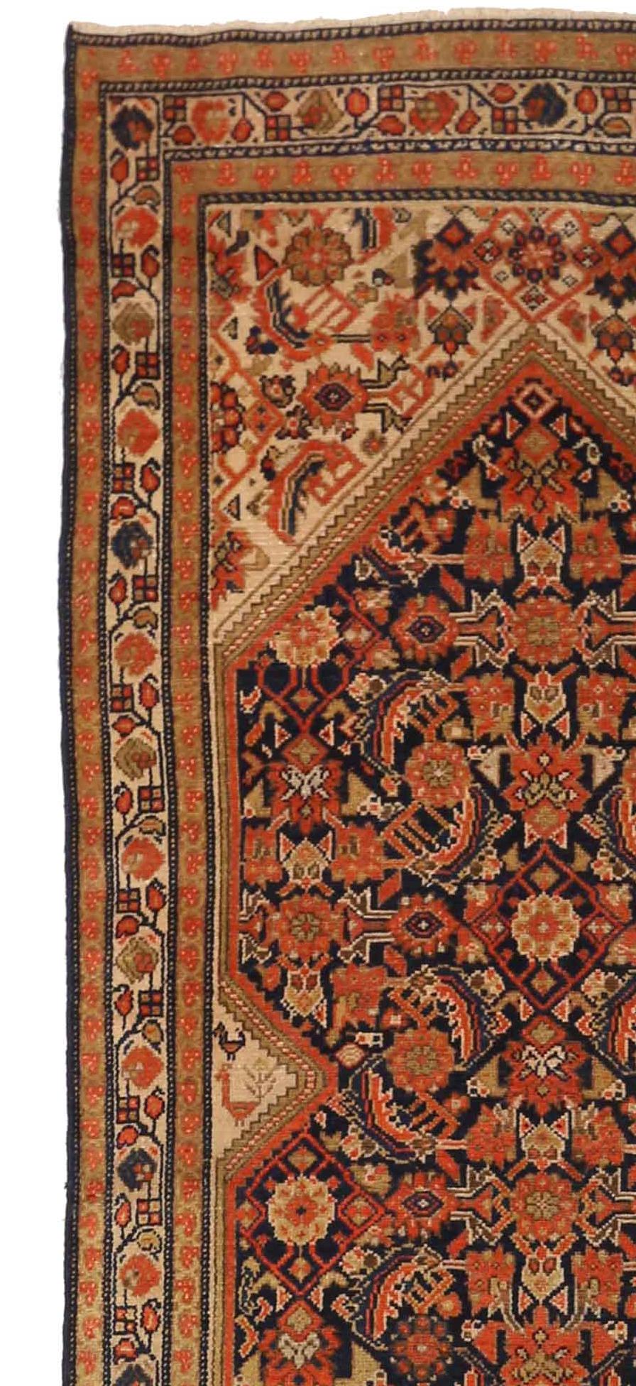 Oushak Antique Persian Malayer Runner Rug with Navy & Orange Floral Motif on Ivory Fiel For Sale