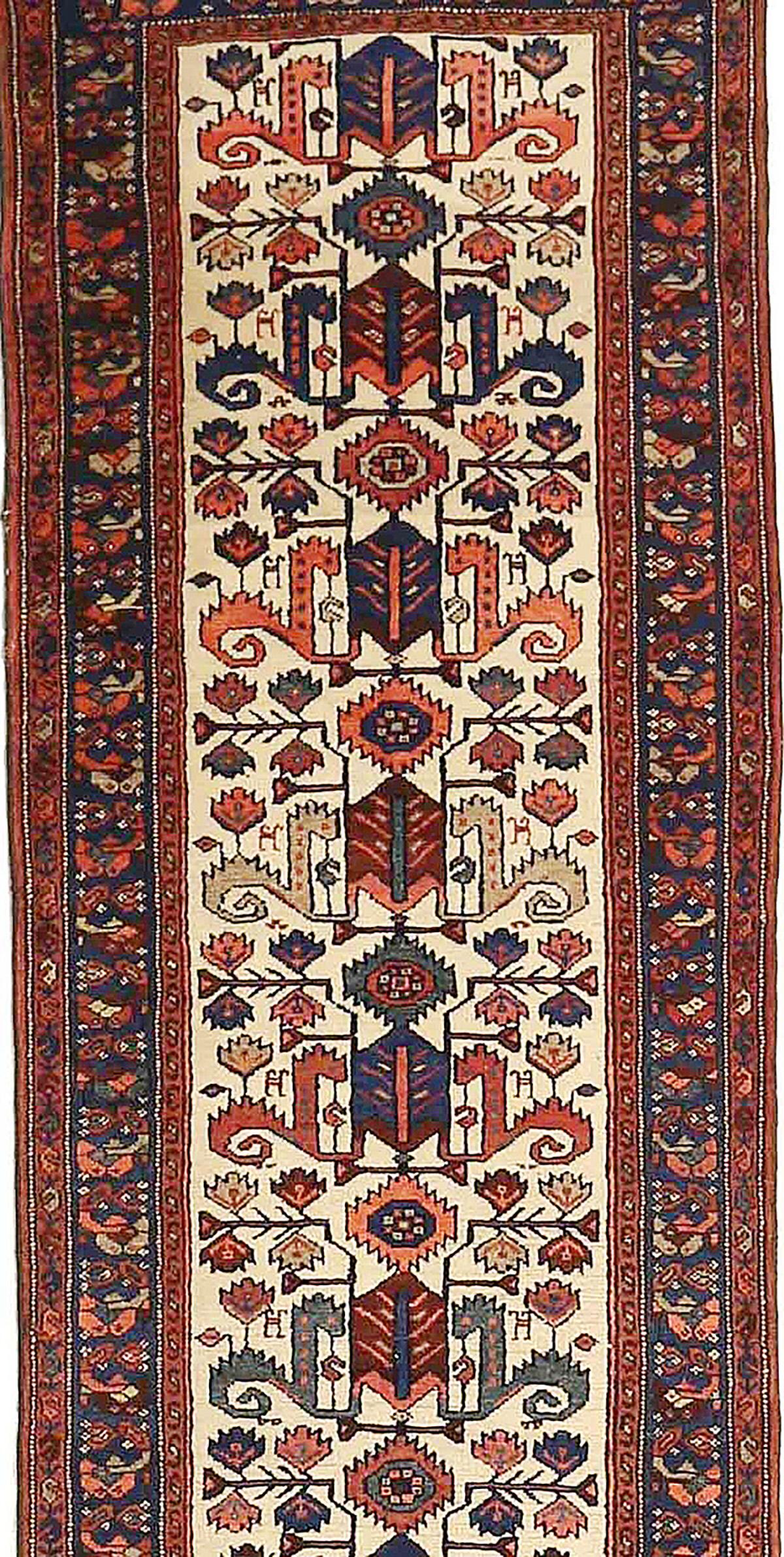 Hand-Woven Persian Malayer Runner Rug with Navy and Red Floral Motifs on Ivory Field For Sale