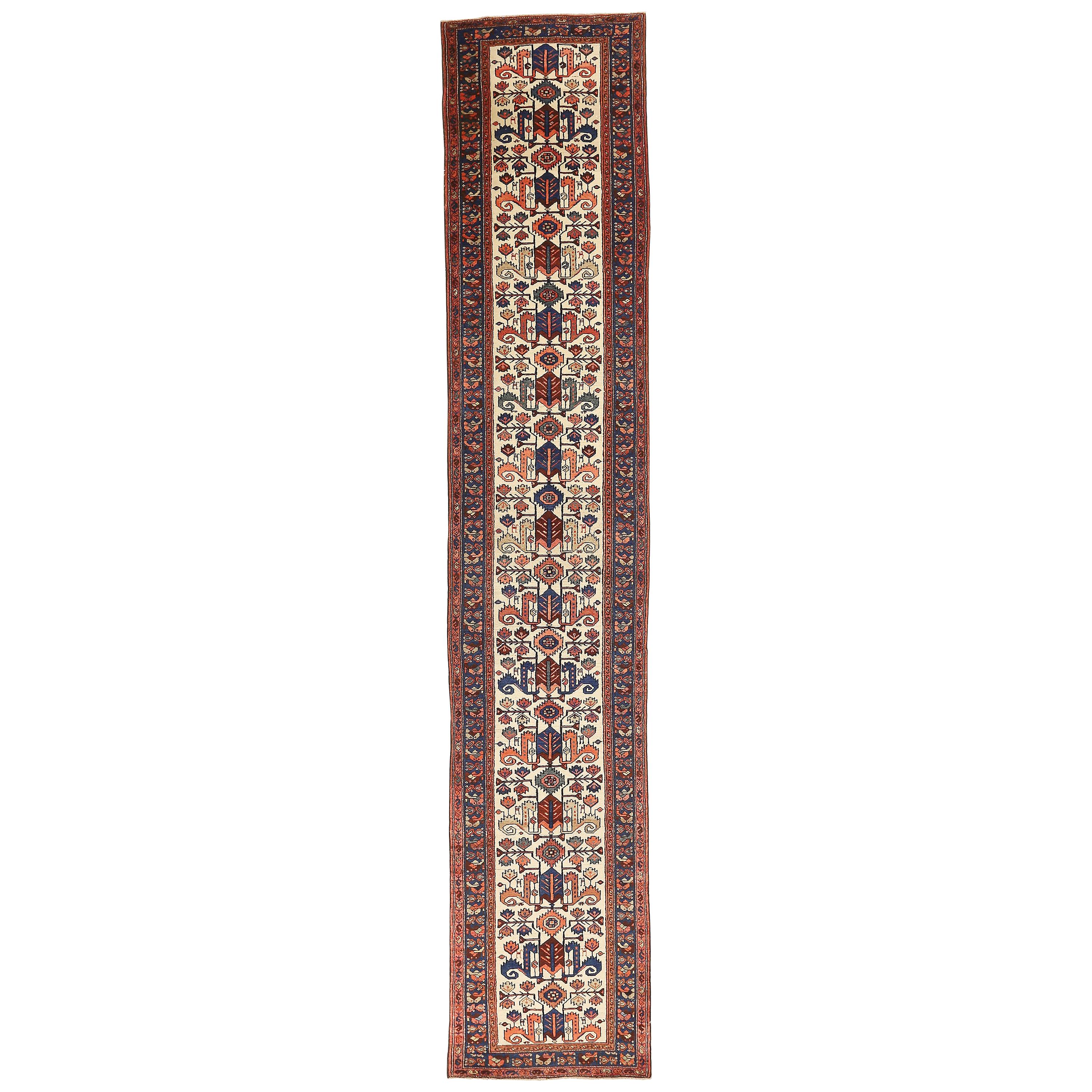 Persian Malayer Runner Rug with Navy and Red Floral Motifs on Ivory Field