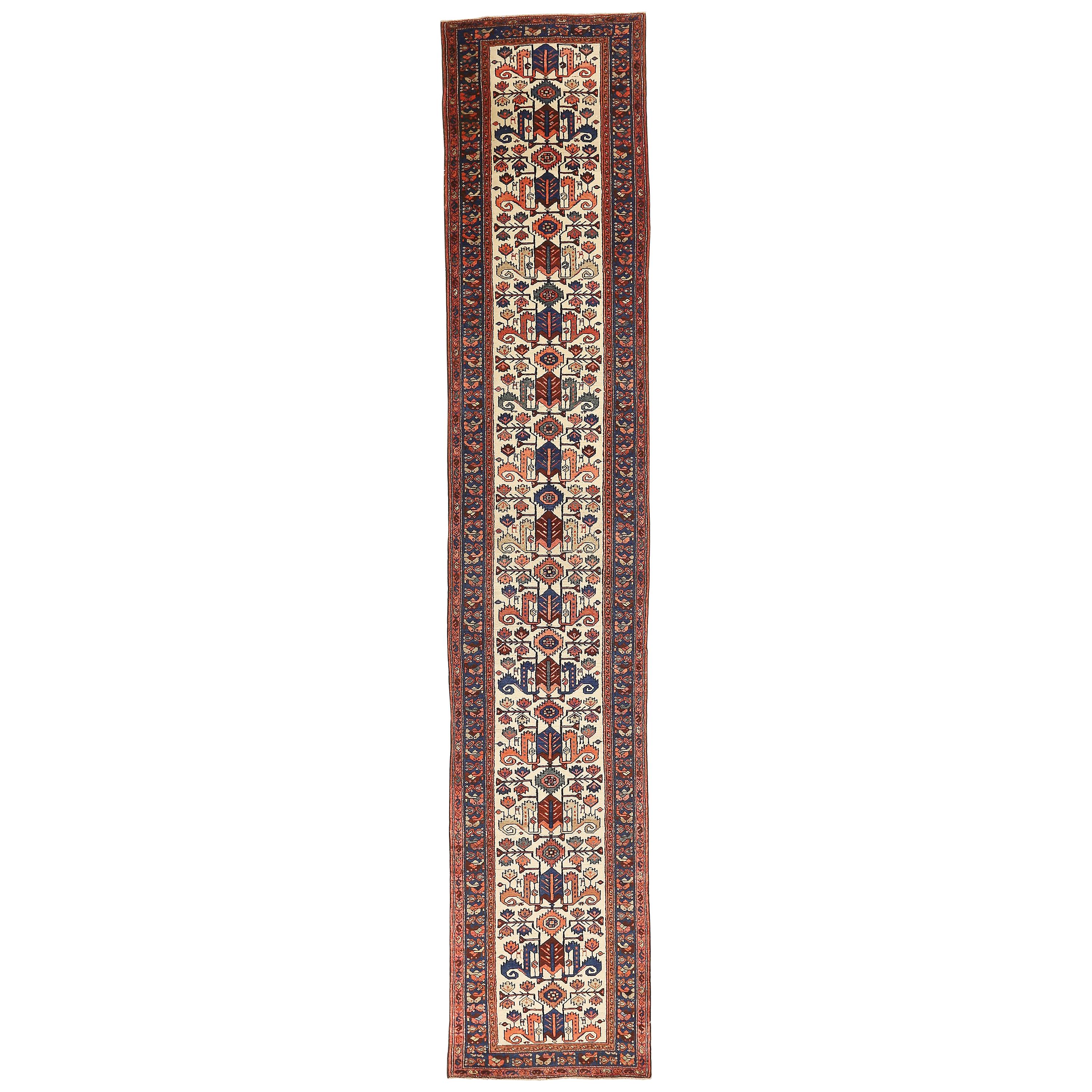 Persian Malayer Runner Rug with Navy and Red Floral Motifs on Ivory Field