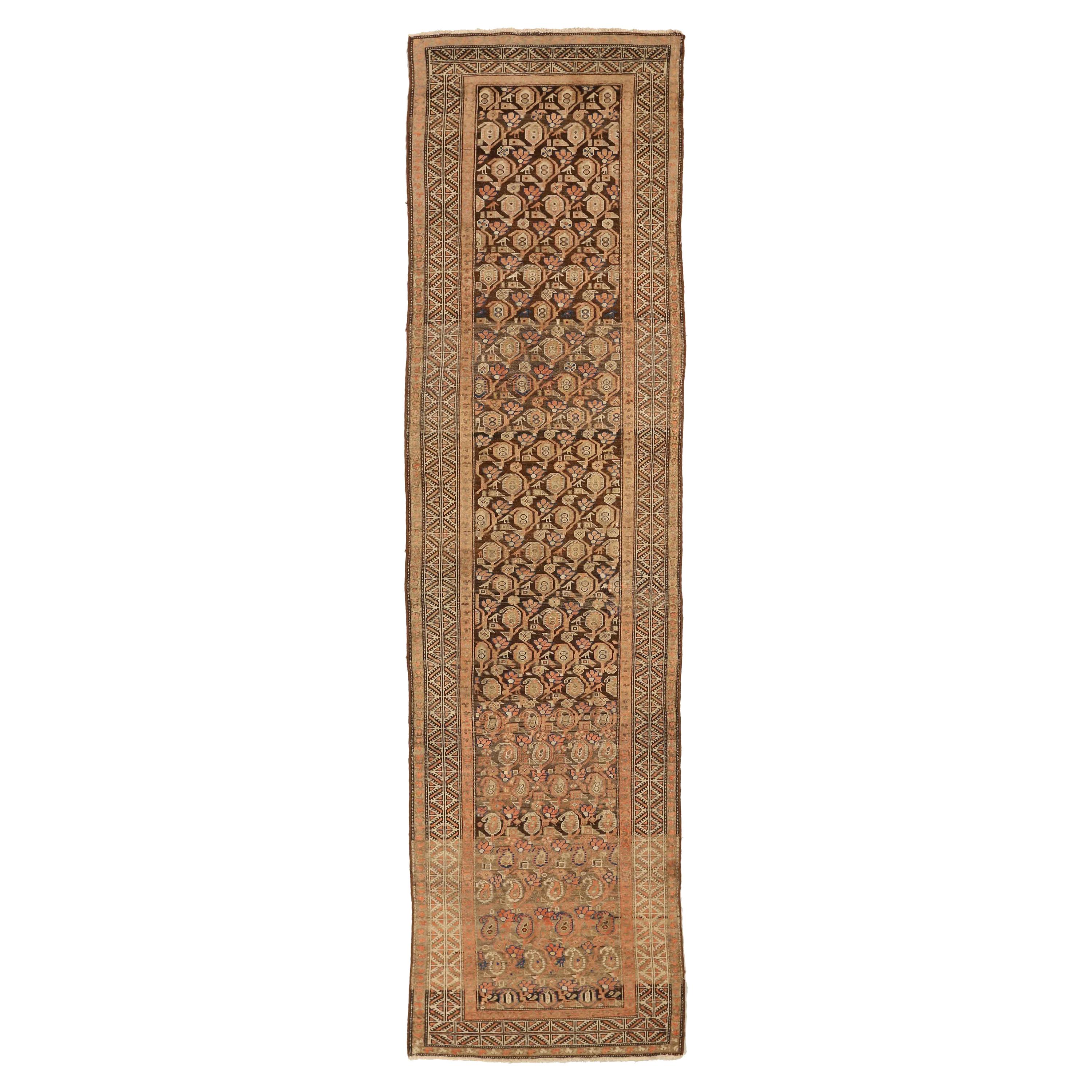 Antique Persian Malayer Runner Rug with Pink and Beige ‘Boteh’ Details For Sale