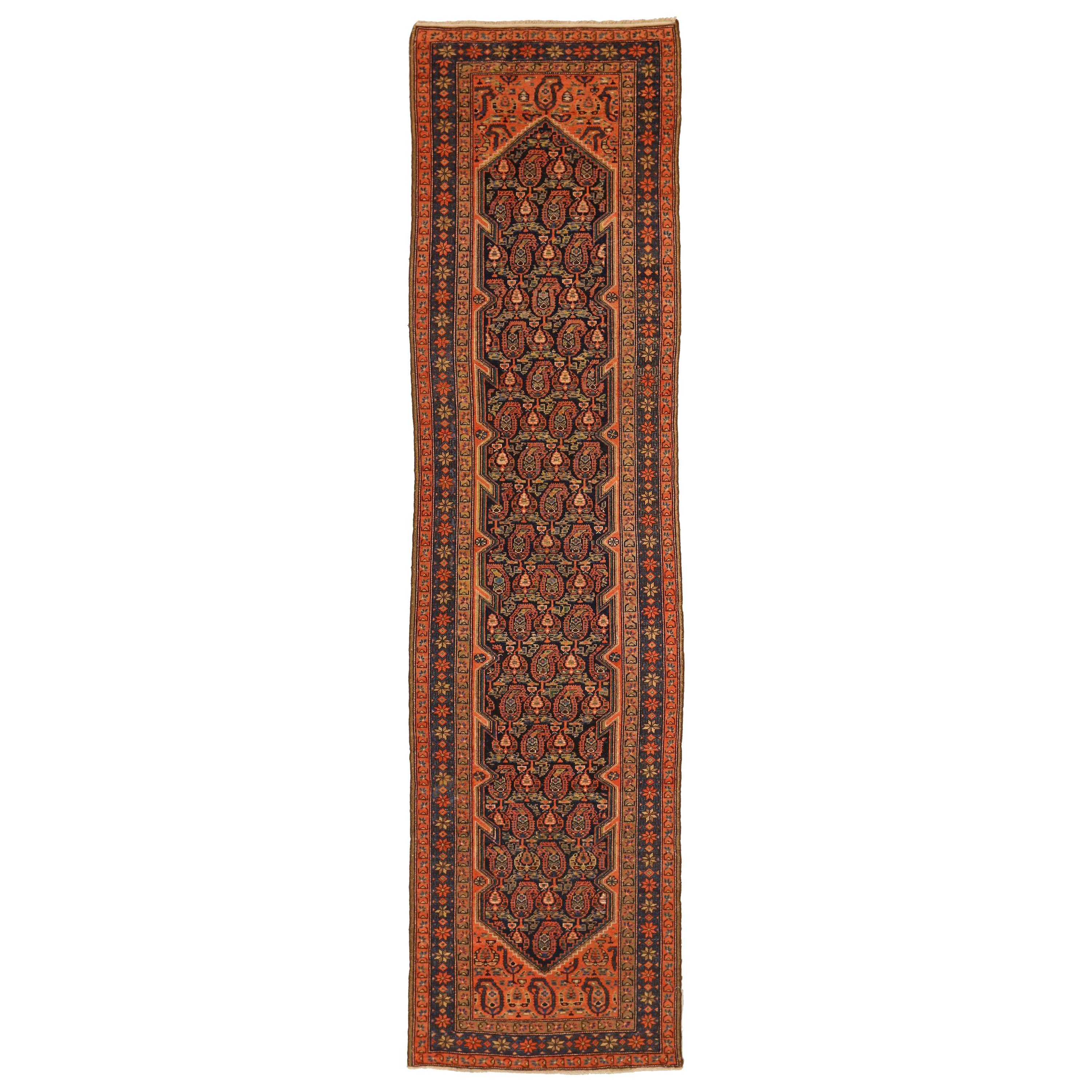 Antique Persian Malayer Runner Rug with Pink & Brown ‘Boteh’ Details For Sale