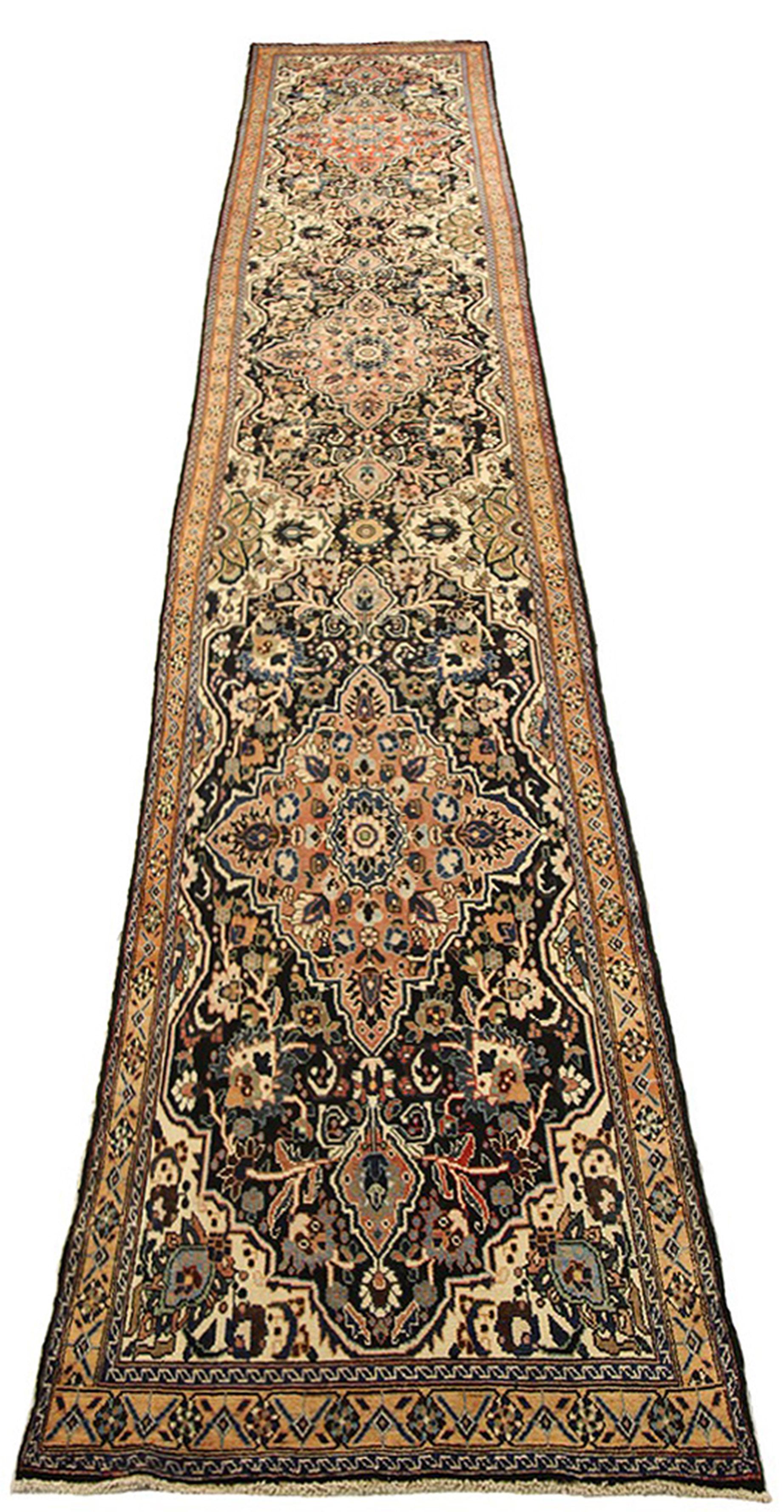 Antique Persian Malayer Runner Rug with Red and Blue Floral Details All-Over In Excellent Condition For Sale In Dallas, TX