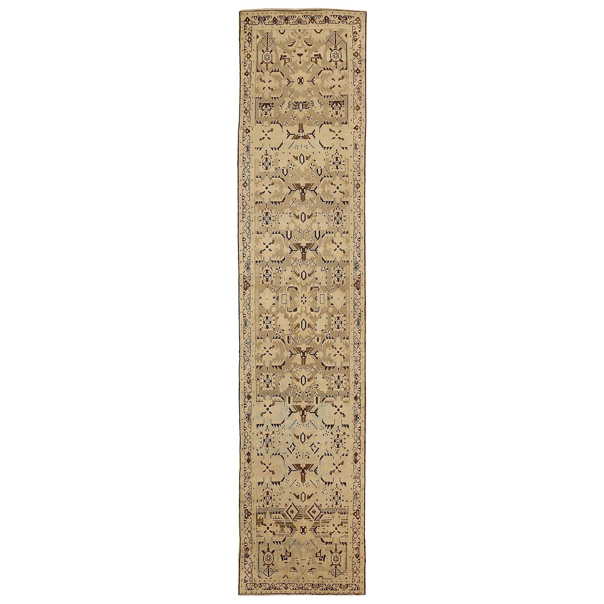 Antique Persian Malayer Runner Rug with Tribal Design in Beige Field
