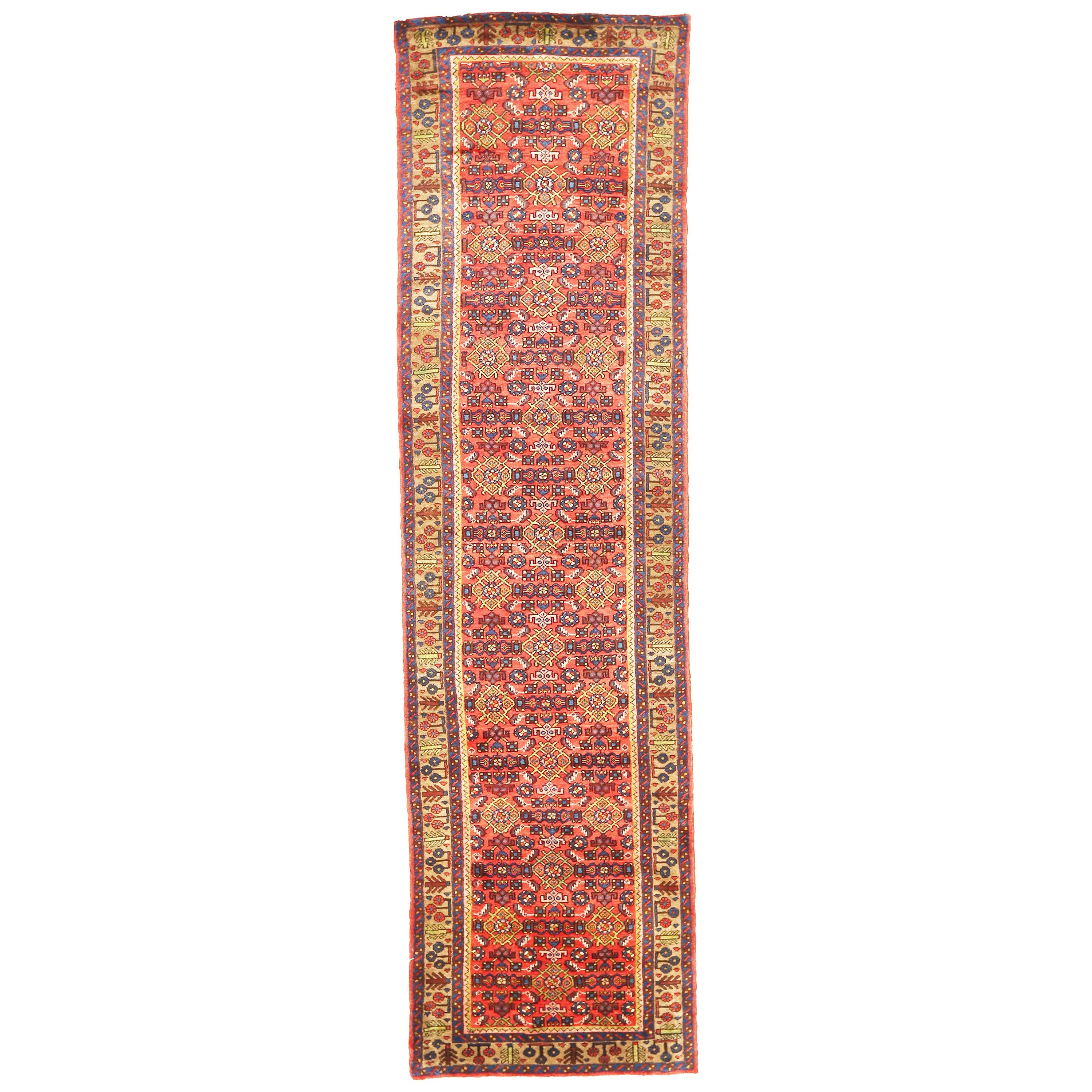 Antique Persian Malayer Runner Rug with Yellow and Blue Floral Patterns