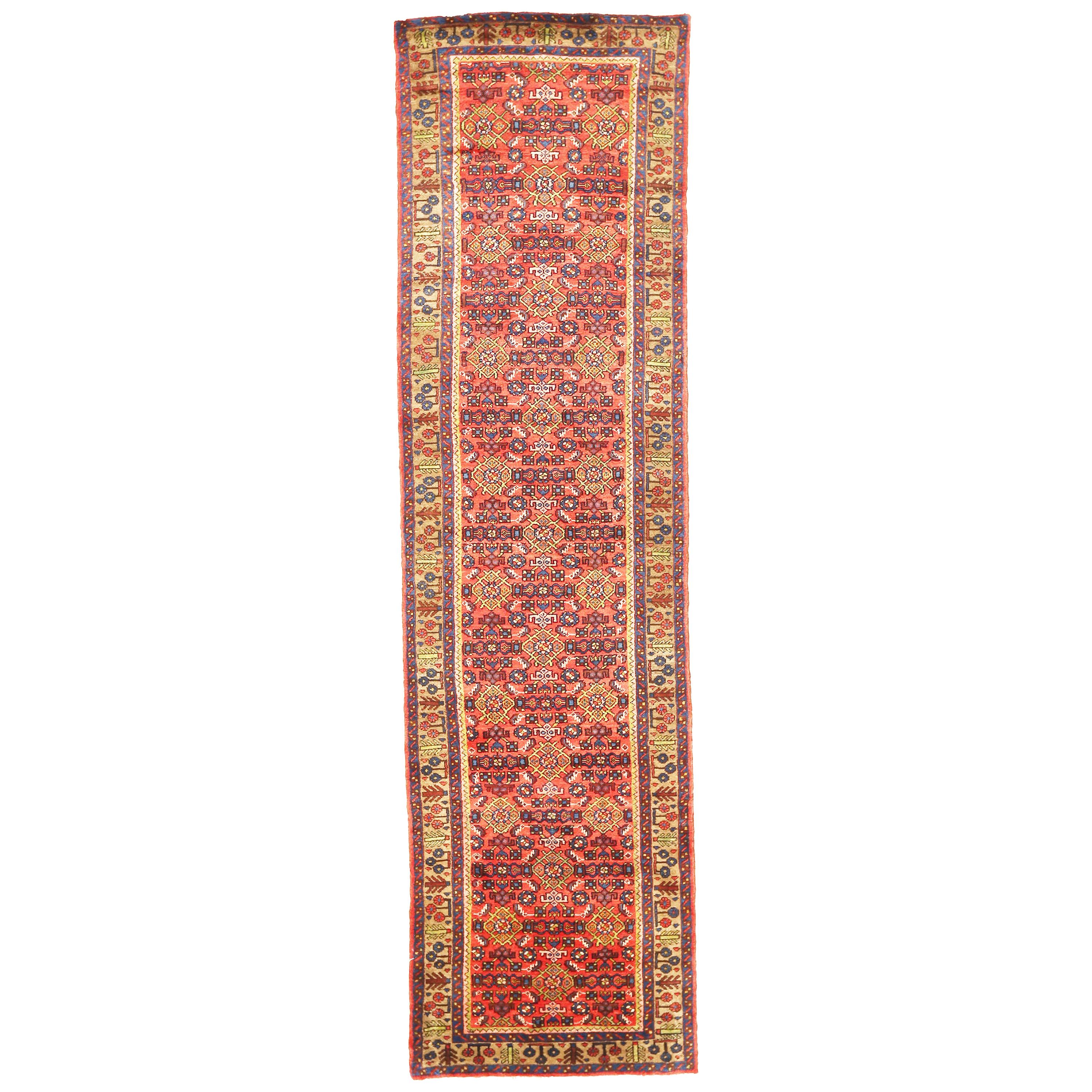 Antigua alfombra persa Malayer con motivos florales amarillos y azules