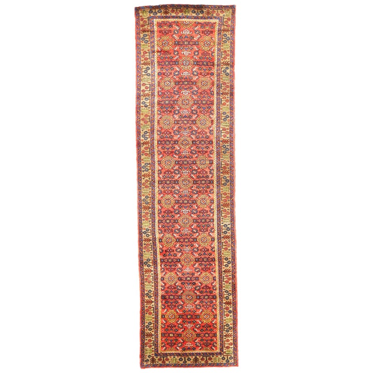 Antique Persian Malayer Runner Rug with Yellow and Blue Floral Patterns For Sale