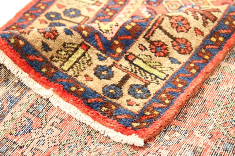 Hand-Woven Antique Persian Malayer Runner Rug with Yellow and Blue Floral Patterns For Sale