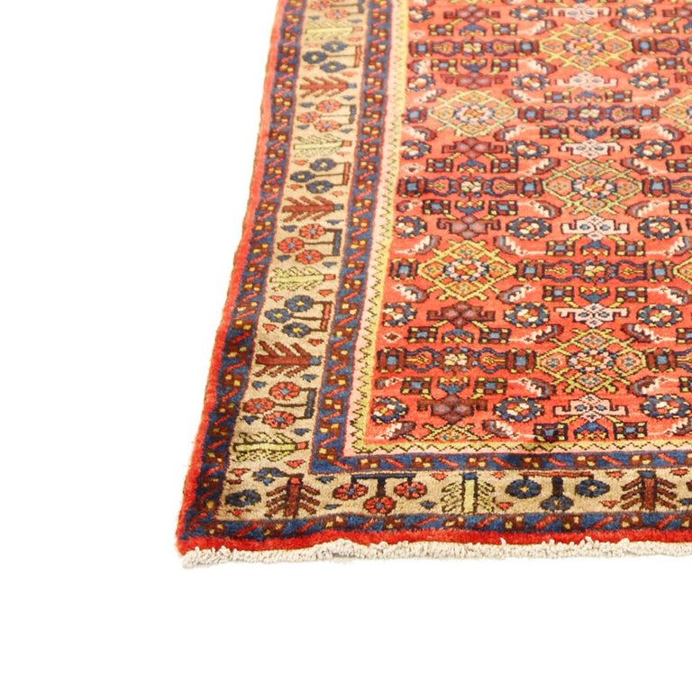 Antique Persian Malayer Runner Rug with Yellow and Blue Floral Patterns In Excellent Condition For Sale In Dallas, TX