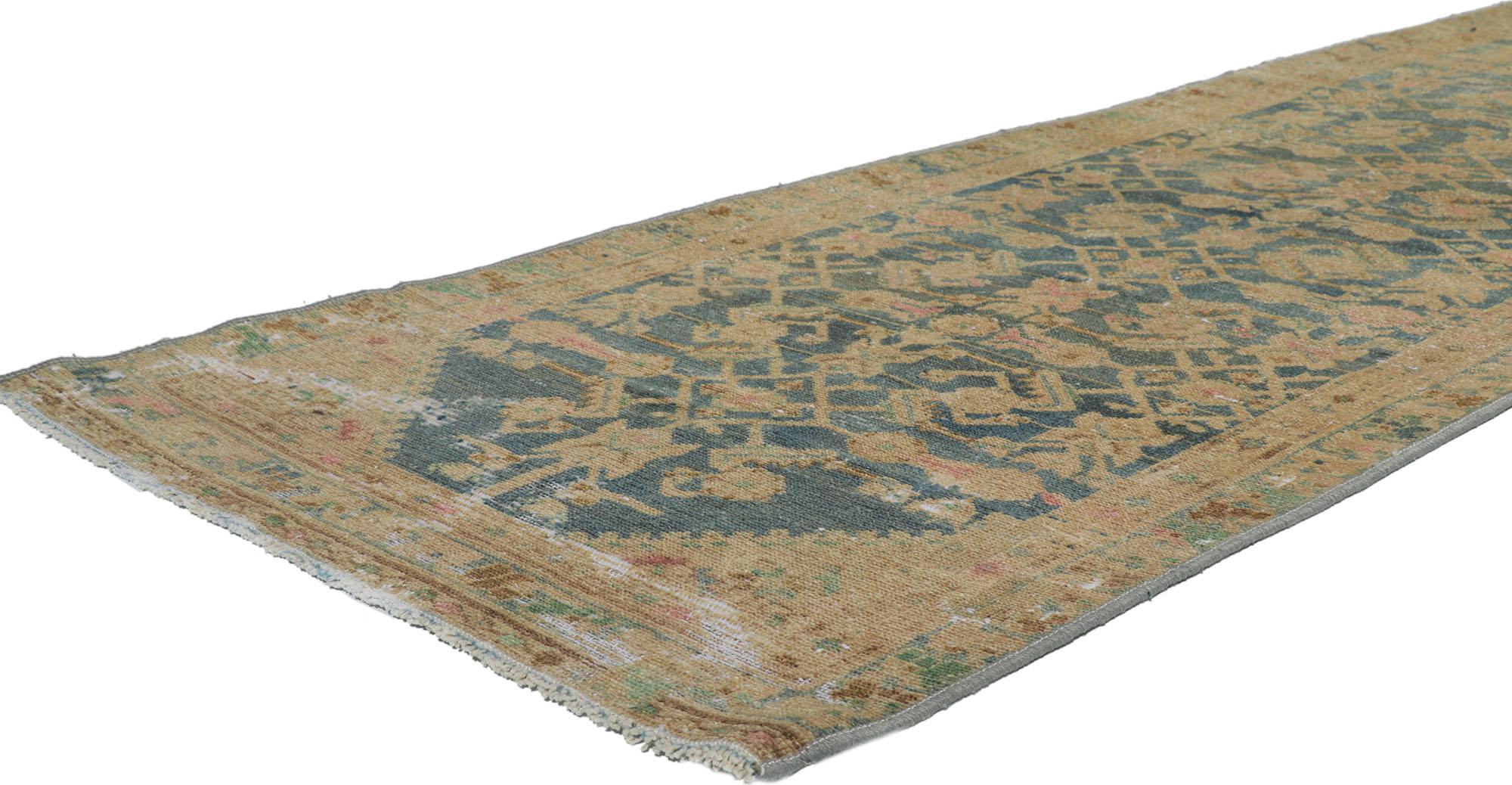 60992 Antique Persian Malayer Rug Runner, 03'00 x 12'02.
Subtle sophistication meets boho enchantment in in this hand knotted wool distressed antique Persian Malayer runner. Let yourself be whisked away on a mystical journey of enigmatic elegance,