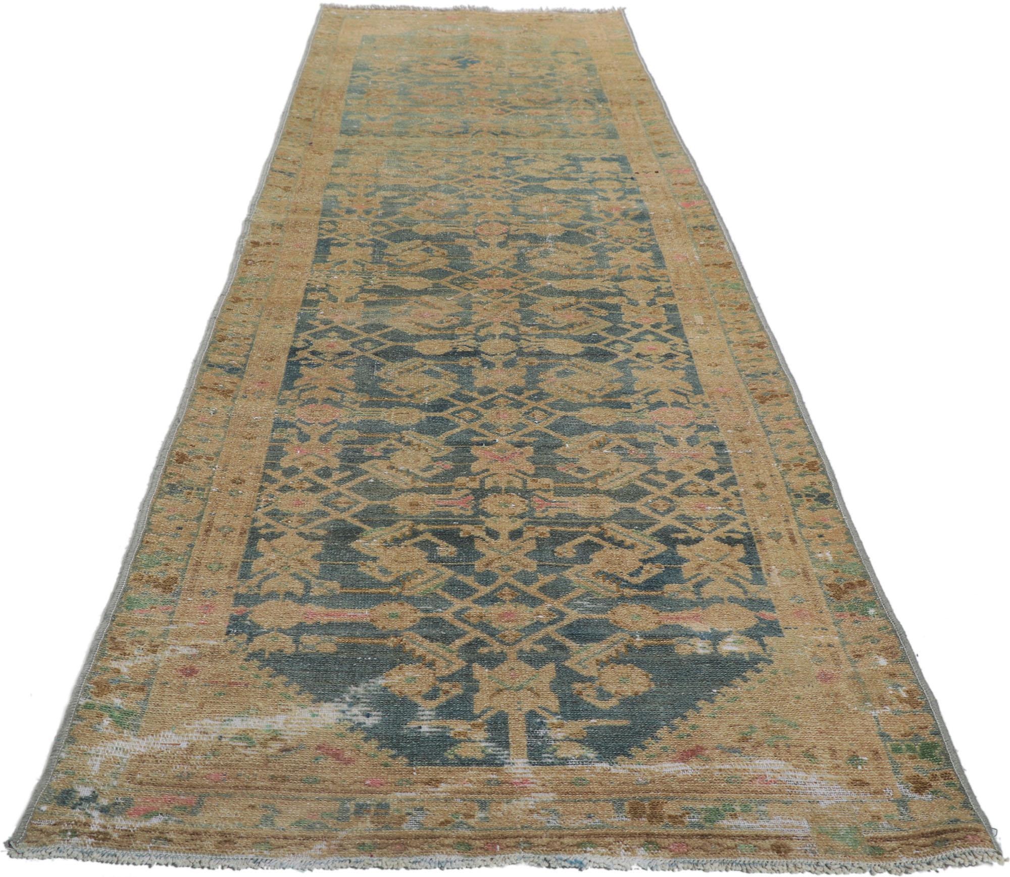 Hand-Knotted Antique Persian Malayer Runner, Subtle Sophistication Meets Boho Enchantment For Sale