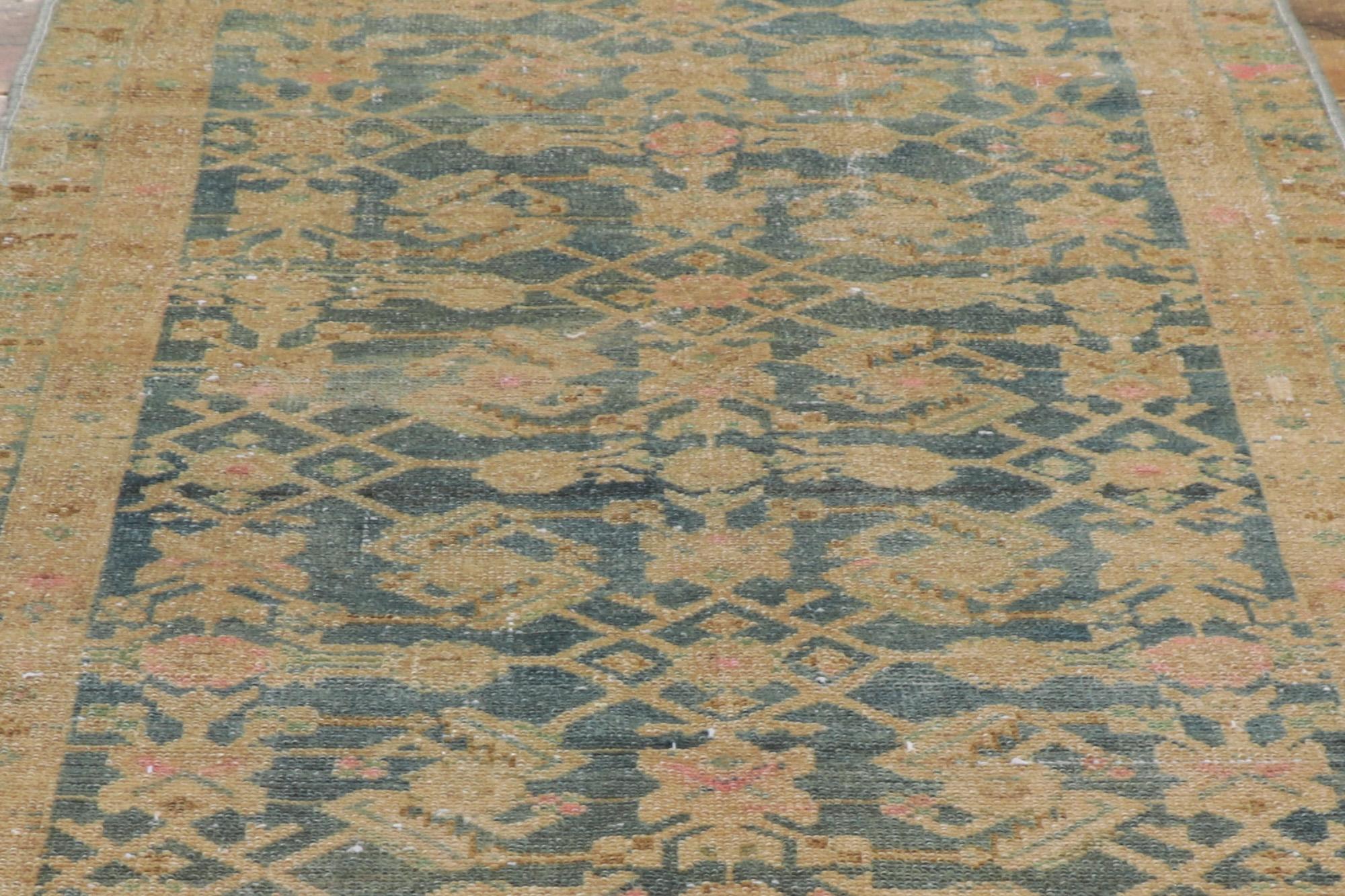 Antique Persian Malayer Runner, Subtle Sophistication Meets Boho Enchantment In Distressed Condition For Sale In Dallas, TX