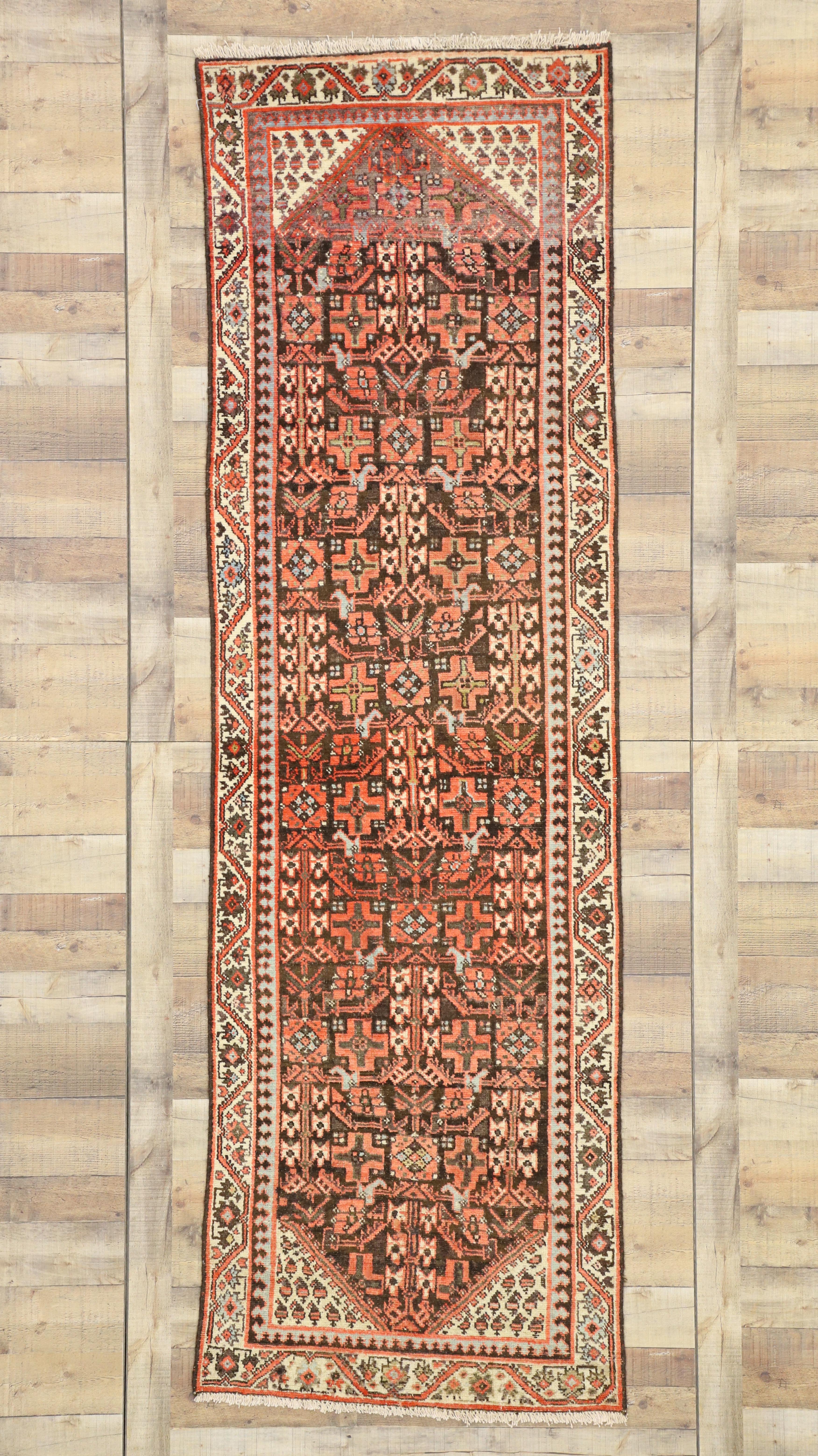 75214, Antique Persian Malayer Rug Runner 02'11 x 09'06. This hand-knotted wool antique Persian Malayer runner features an all-over geometric pattern composed of Guli Henna which is the Flower of Hinnai also known as Guli Hinnai; a central stem