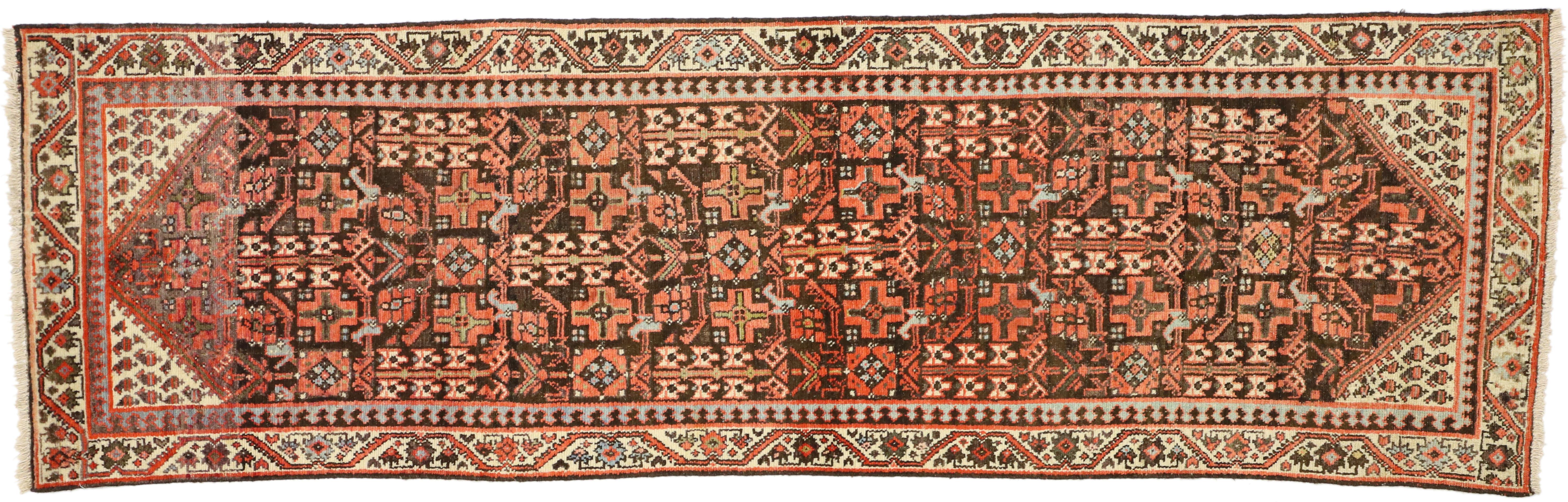 Antique Persian Malayer Runner, Wide Hallway Runner with Guli Henna Flower For Sale 1