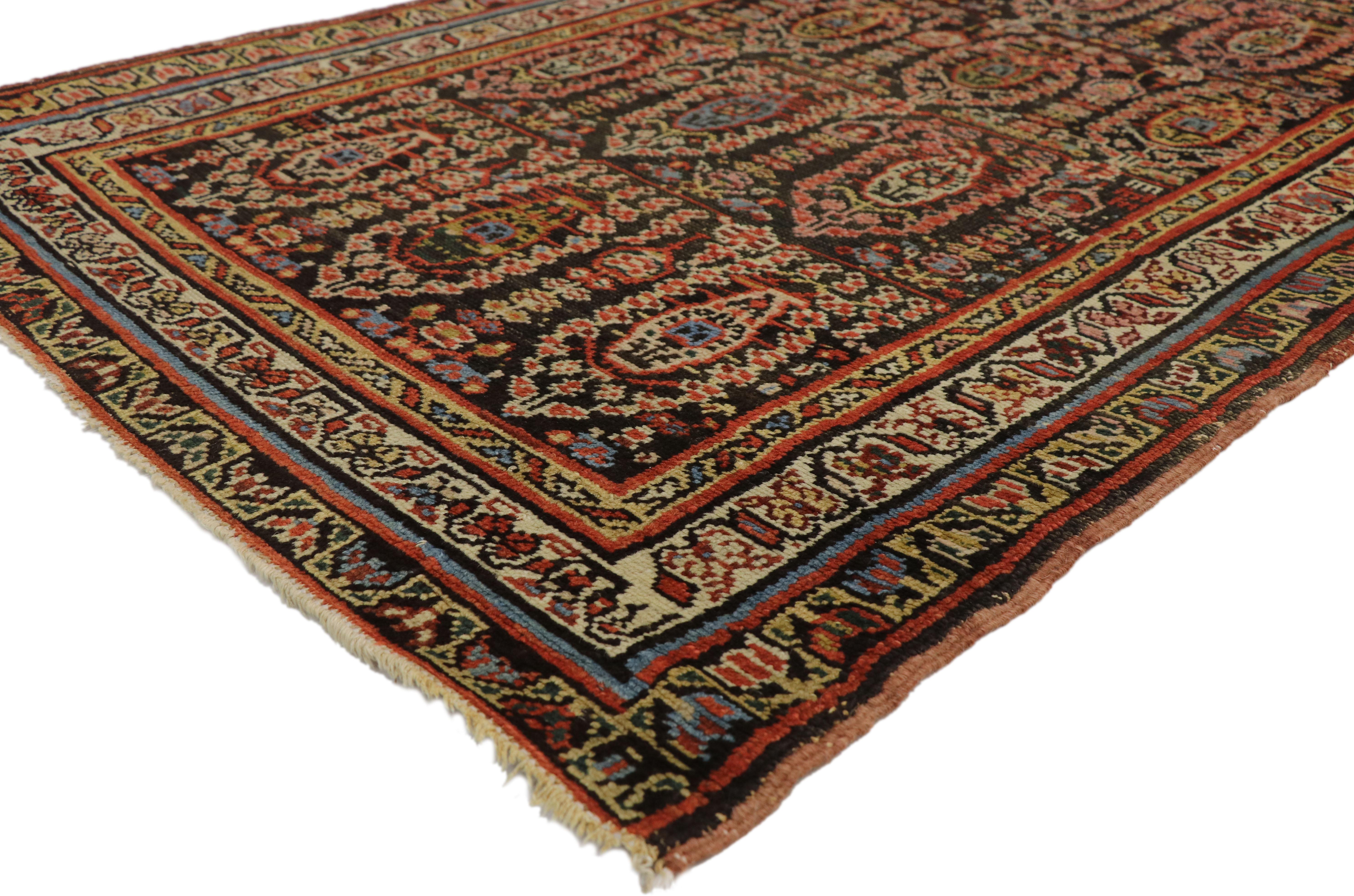 74473, antique Persian Malayer runner with aesthetic movement and craftsman style. This hand knotted wool antique Persian Malayer runner displays an all-over repetitive pattern of opulent boteh motifs. The widely used boteh motif is thought to