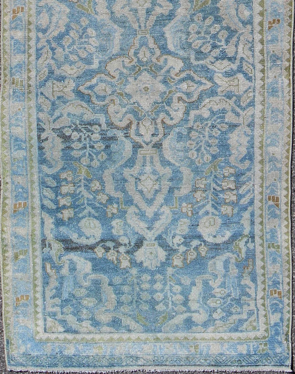 Antique Persian Malayer runner with all-over design in blue and hints of olive, rug sus-1803-124, country of origin / type: Iran / Malayer, circa 1910.

This antique Persian Malayer runner was handwoven in the early 20th century (circa 1910) and