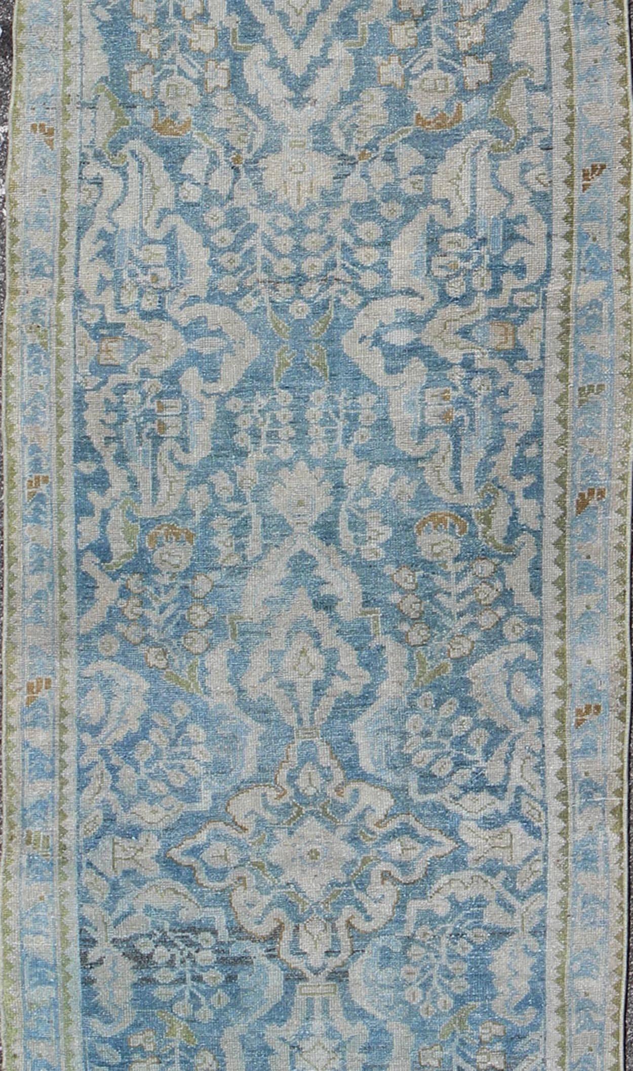 Hand-Knotted Antique Persian Malayer Runner with All-Over Design in Blue and Hints of Olive