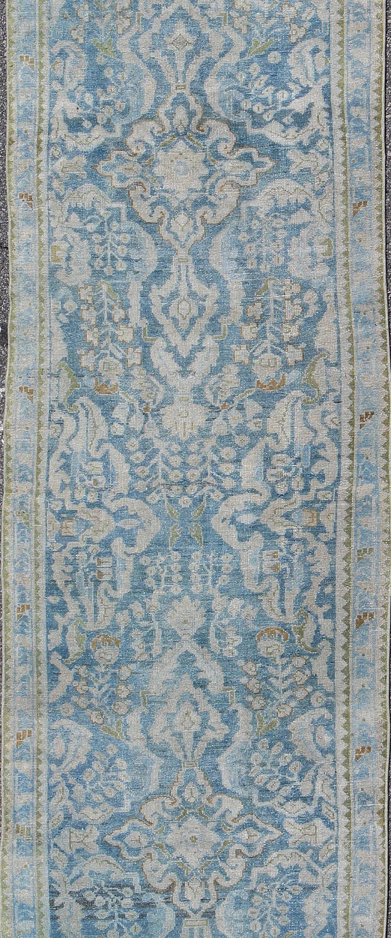 Antique Persian Malayer Runner with All-Over Design in Blue and Hints of Olive In Excellent Condition In Atlanta, GA