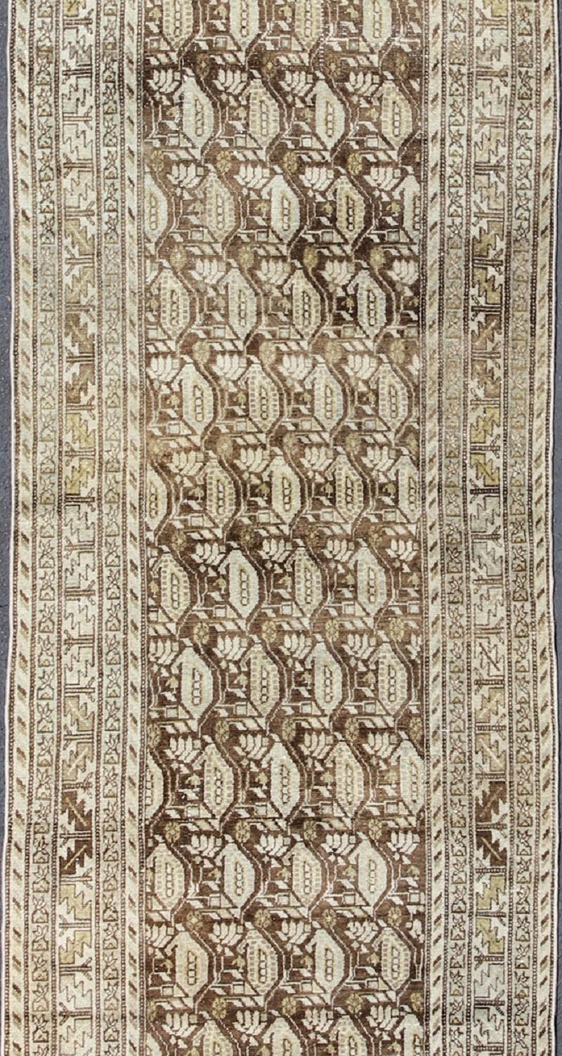 Hand-Knotted Antique Persian Malayer Runner with All-Over Paisley Design in Brown & Neutrals For Sale