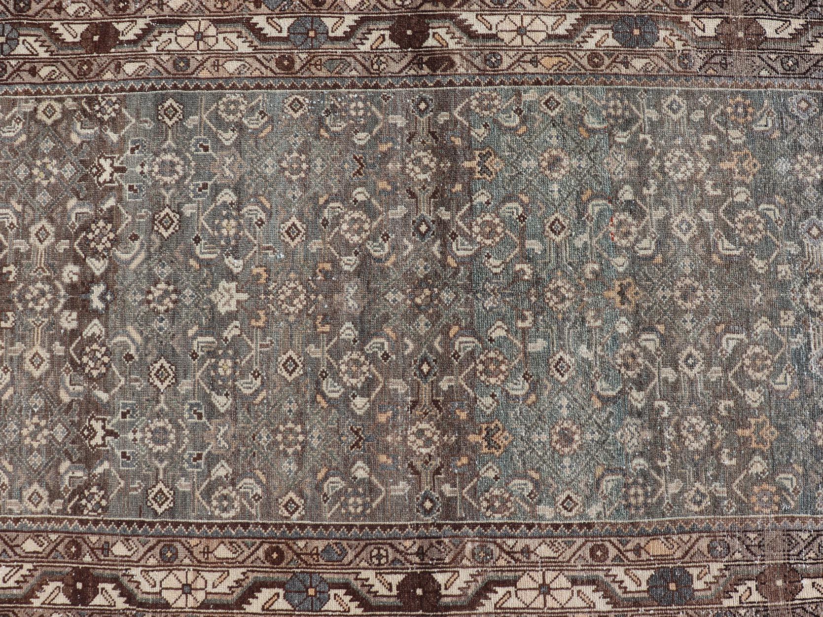 Hand-Knotted Antique Persian Malayer Runner with All over Herati Design in Blue and Brown For Sale