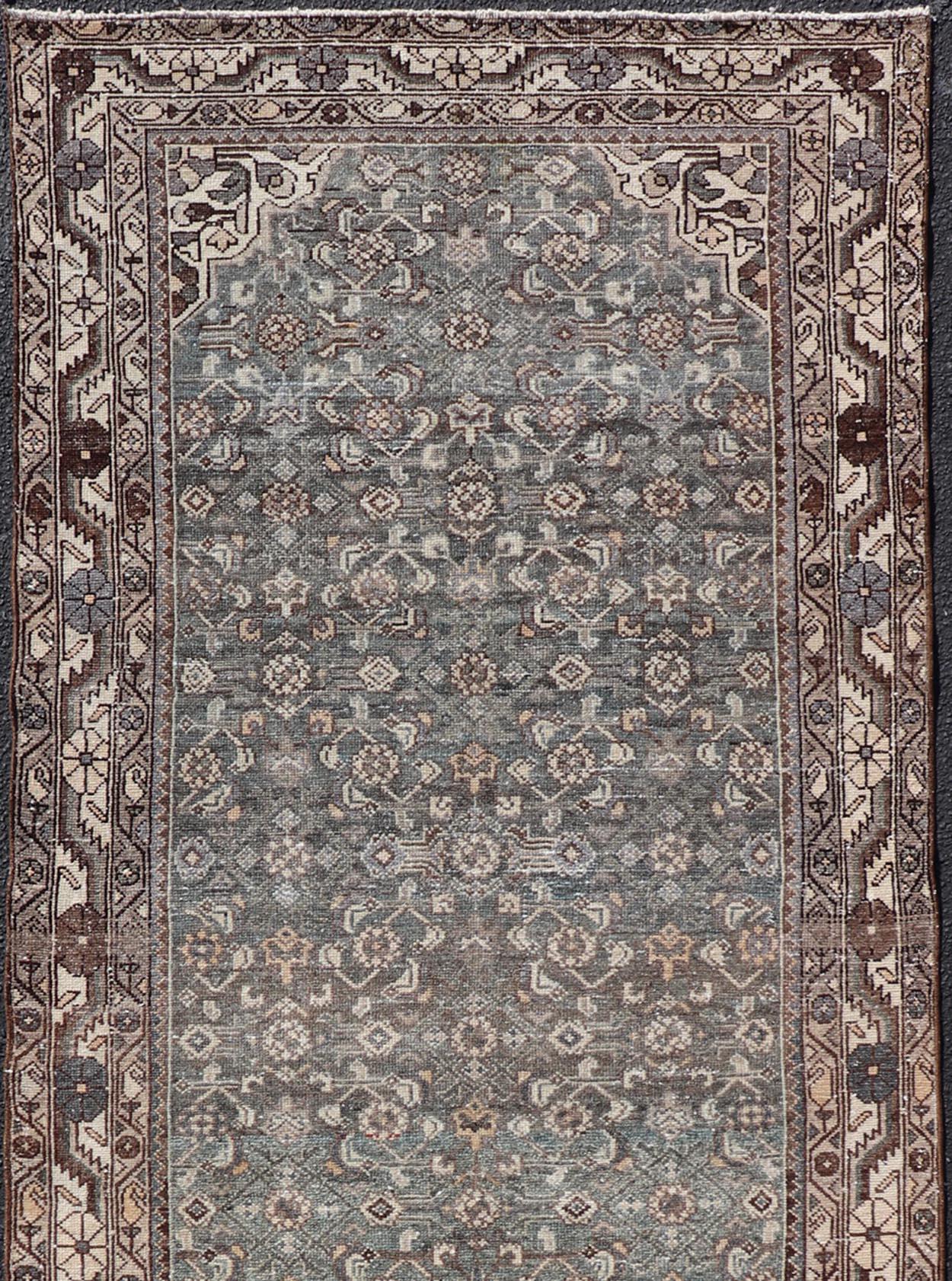 Antique Persian Malayer Runner with All over Herati Design in Blue and Brown In Good Condition For Sale In Atlanta, GA
