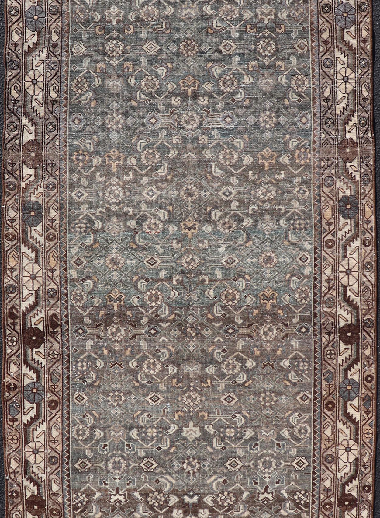 20th Century Antique Persian Malayer Runner with All over Herati Design in Blue and Brown For Sale