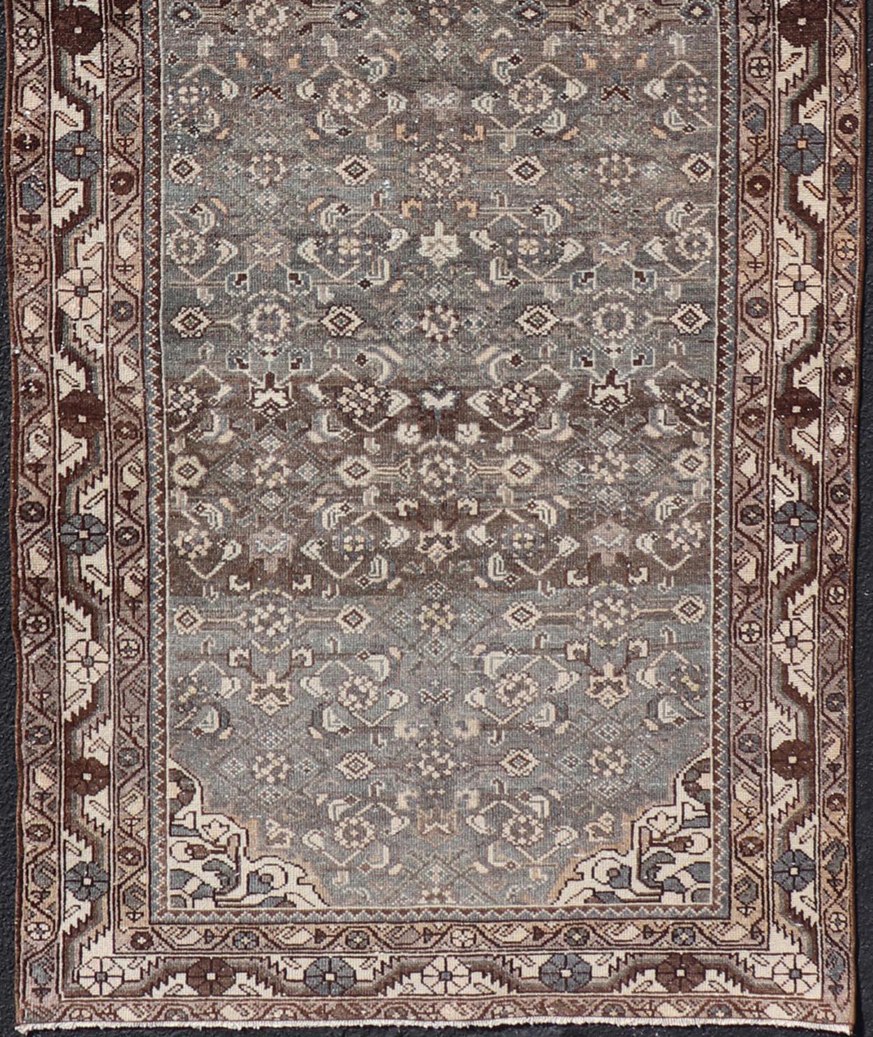 Wool Antique Persian Malayer Runner with All over Herati Design in Blue and Brown For Sale