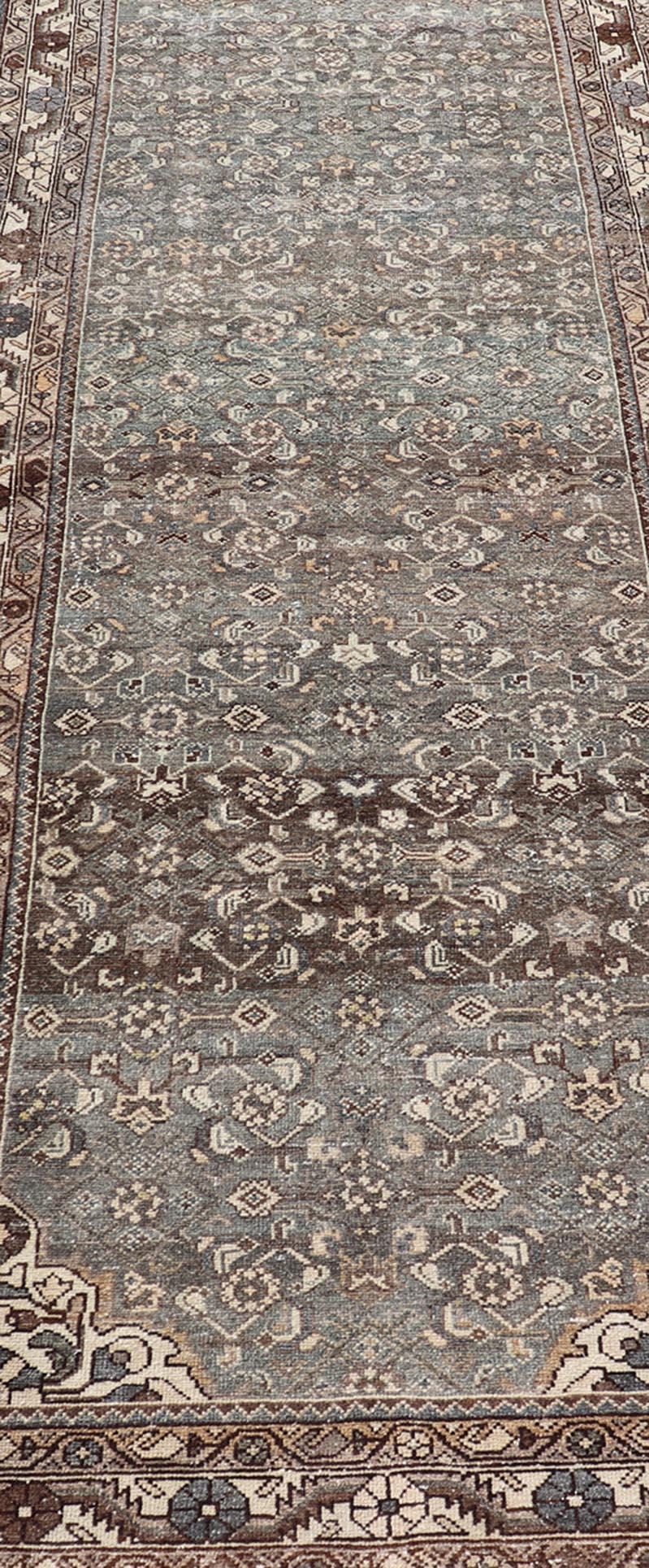 Antique Persian Malayer Runner with All over Herati Design in Blue and Brown For Sale 1