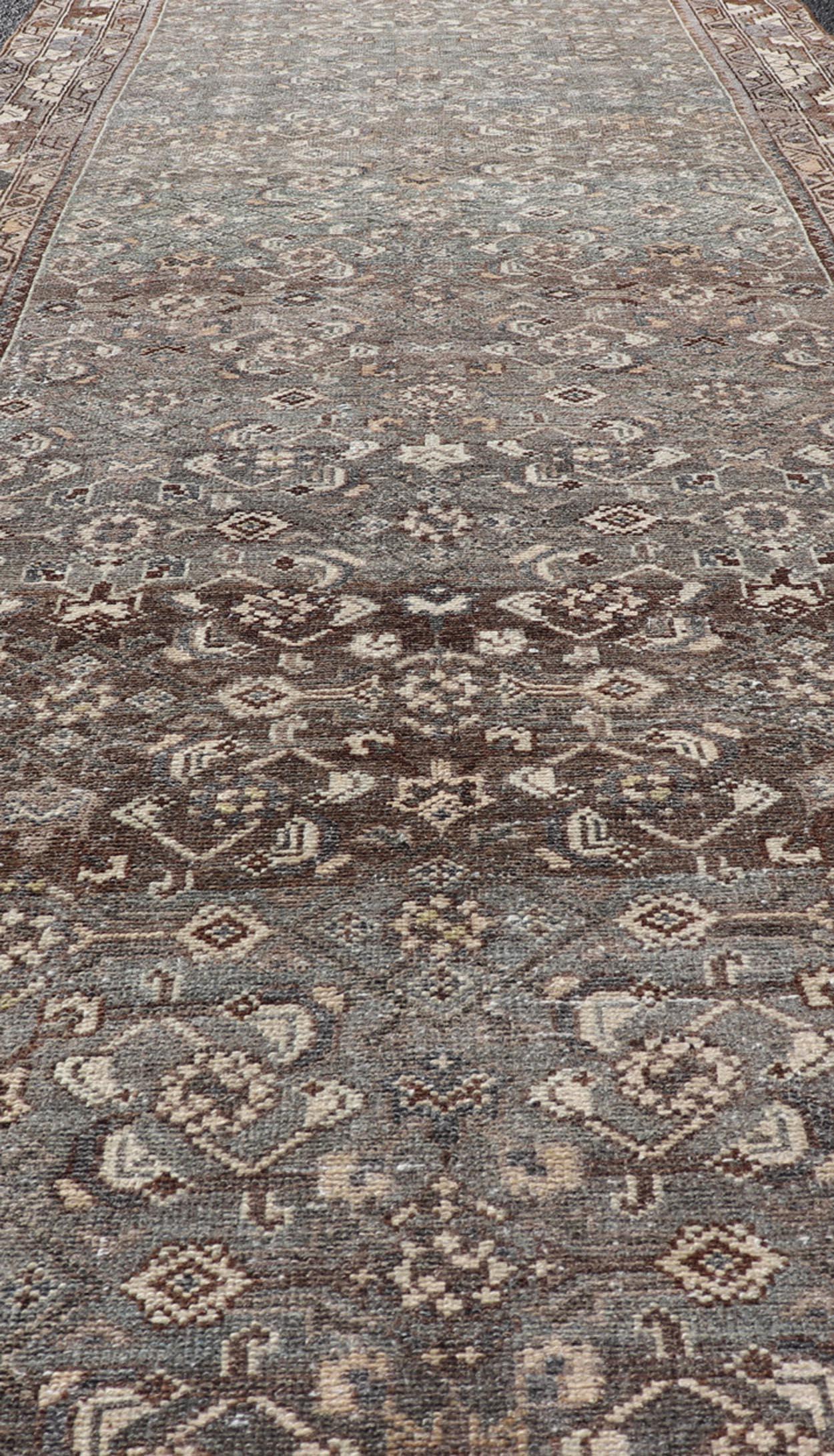 Antique Persian Malayer Runner with All over Herati Design in Blue and Brown For Sale 2
