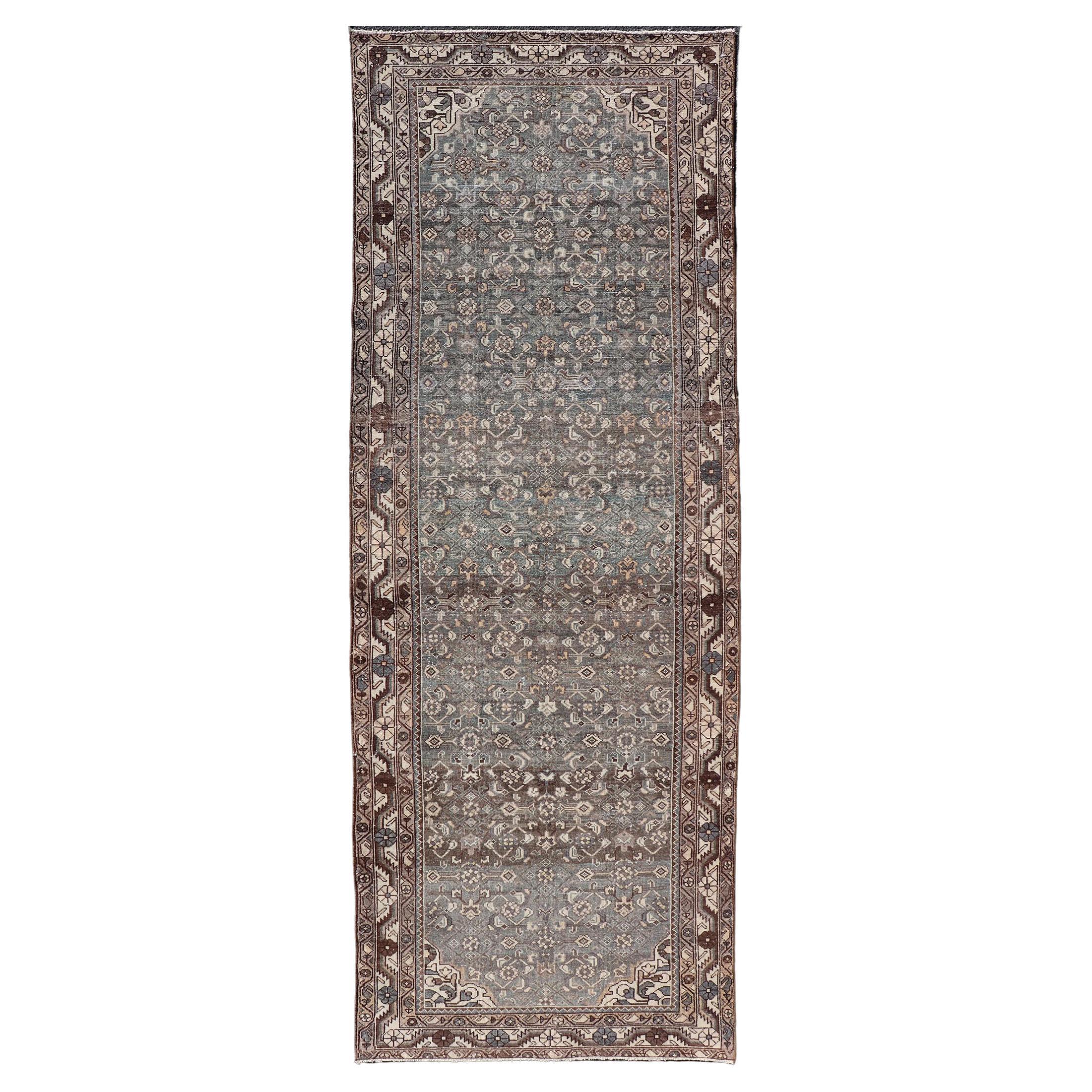 Antique Persian Malayer Runner with All over Herati Design in Blue and Brown For Sale