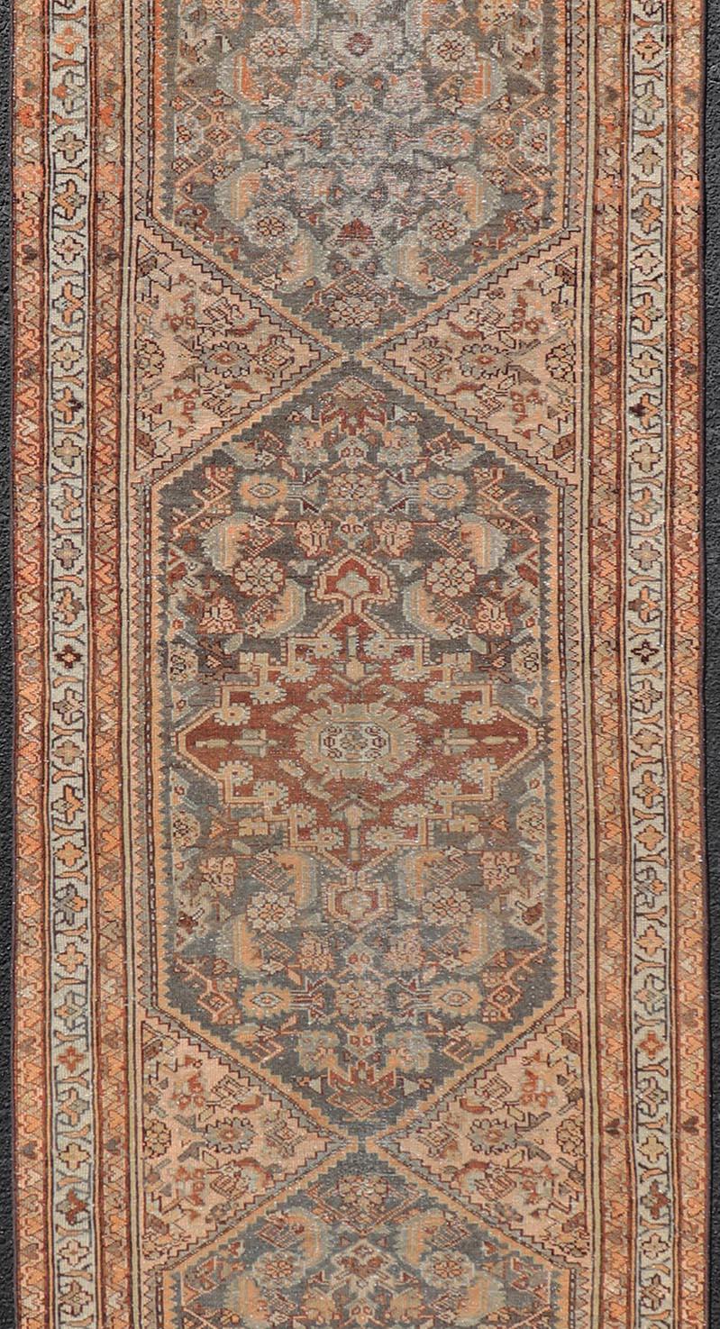 Hand-Knotted Antique Persian Malayer Runner with All-Over Sub-Geometric Medallion Design For Sale