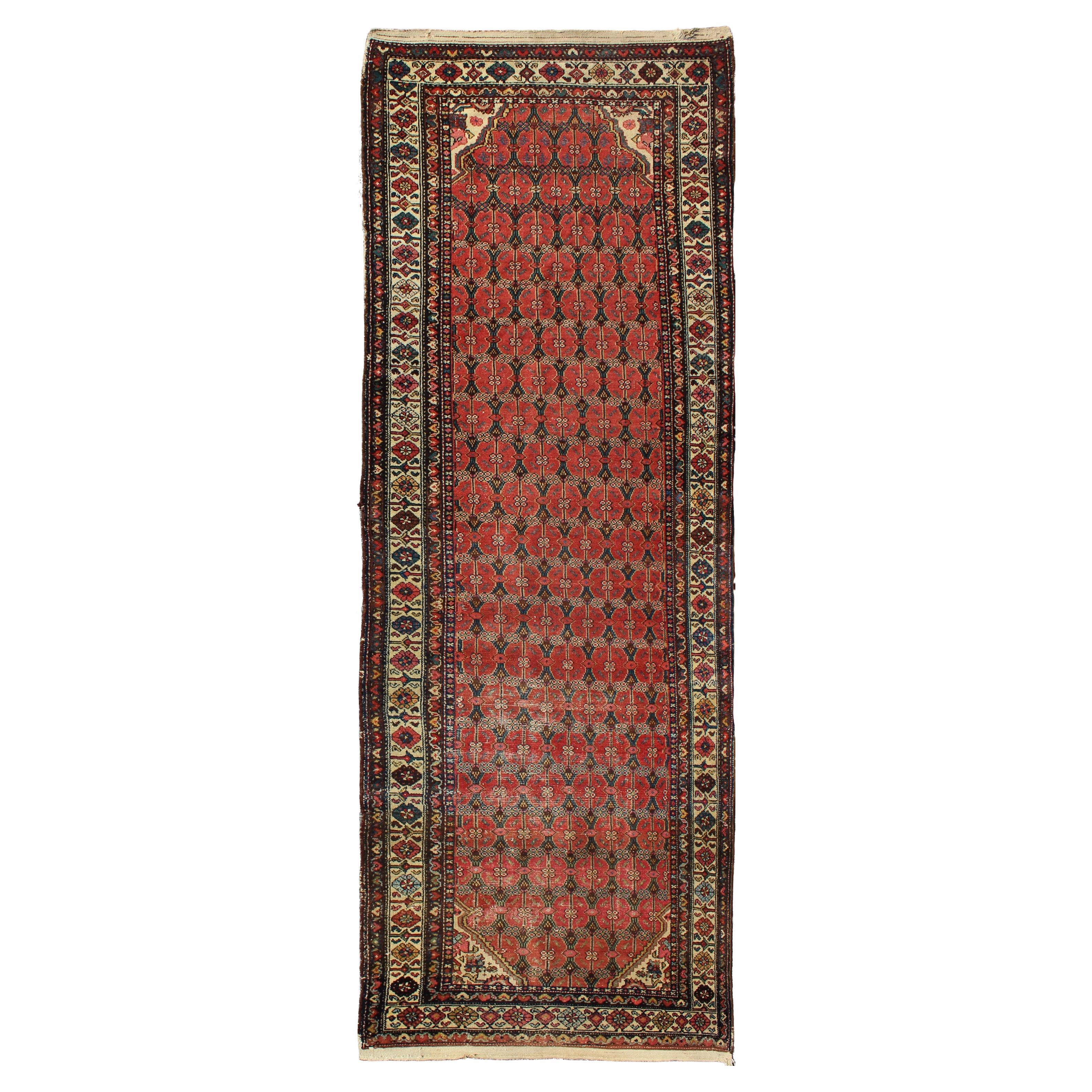 Antico runner persiano Malayer con design a reticolo in rosso 3'6 x 10'10 in vendita
