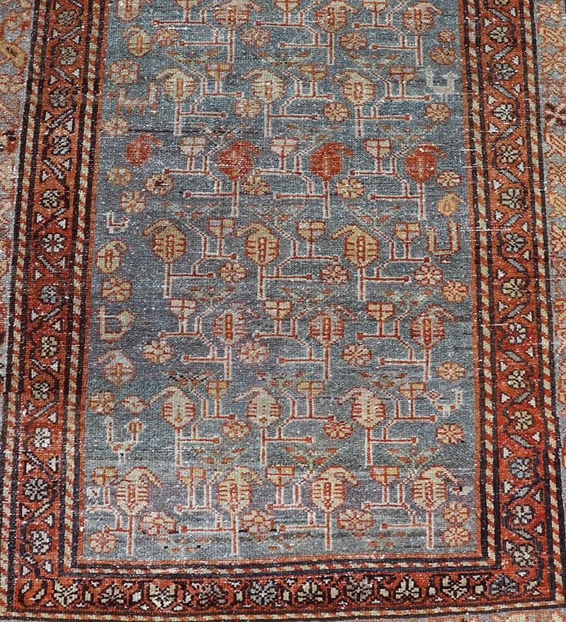 Antiker persischer Malayer-Läufer aus Persien mit blauem Feld und Blumenmuster 2'10
