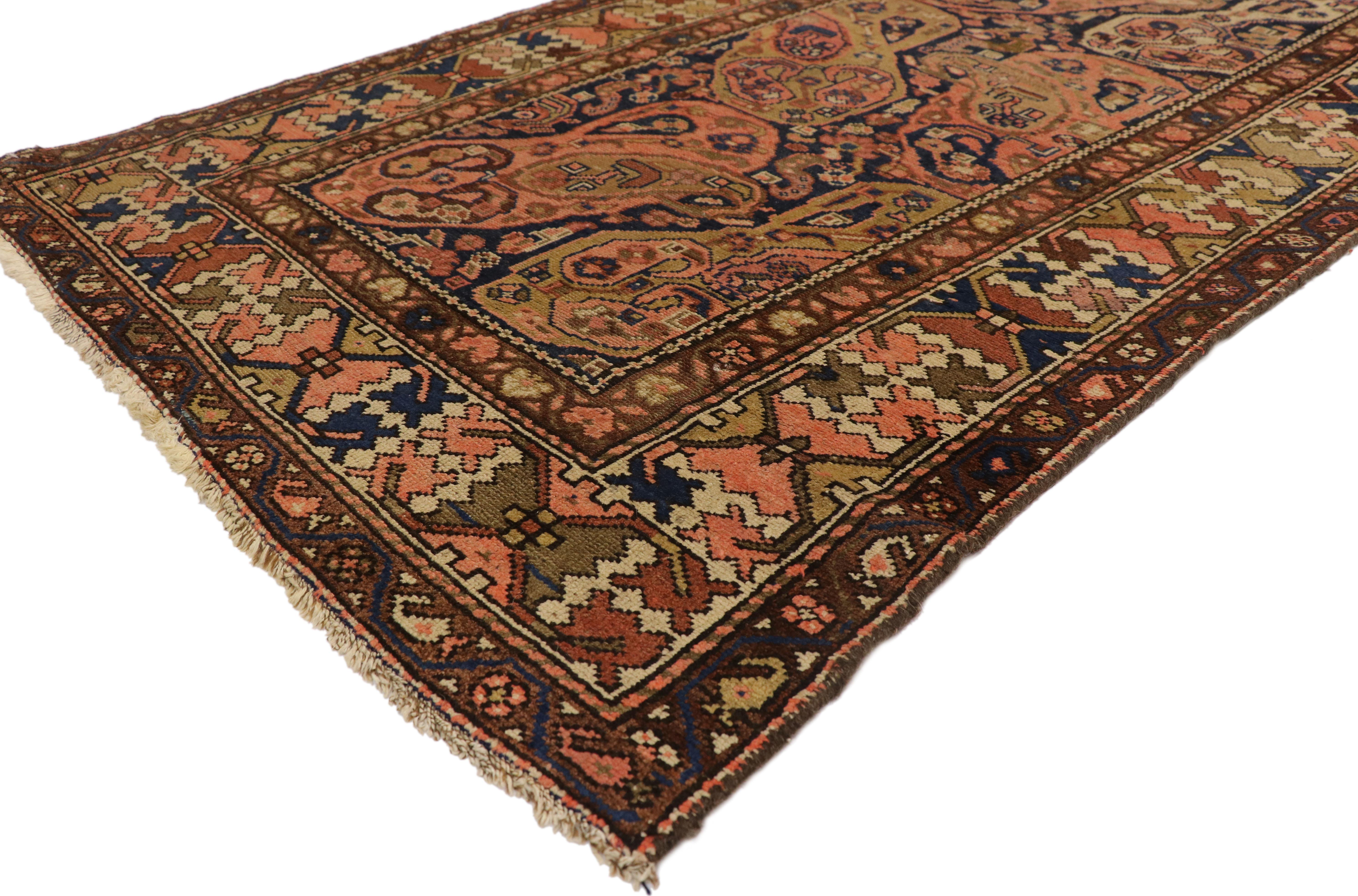 72803, antique Persian Malayer runner with Boteh design, extra-long hallway runner. With a dazzling polychromatic color palette and impressive boteh design, this antique Persian Malayer runner would bring a sense of vivacity and sophistication to
