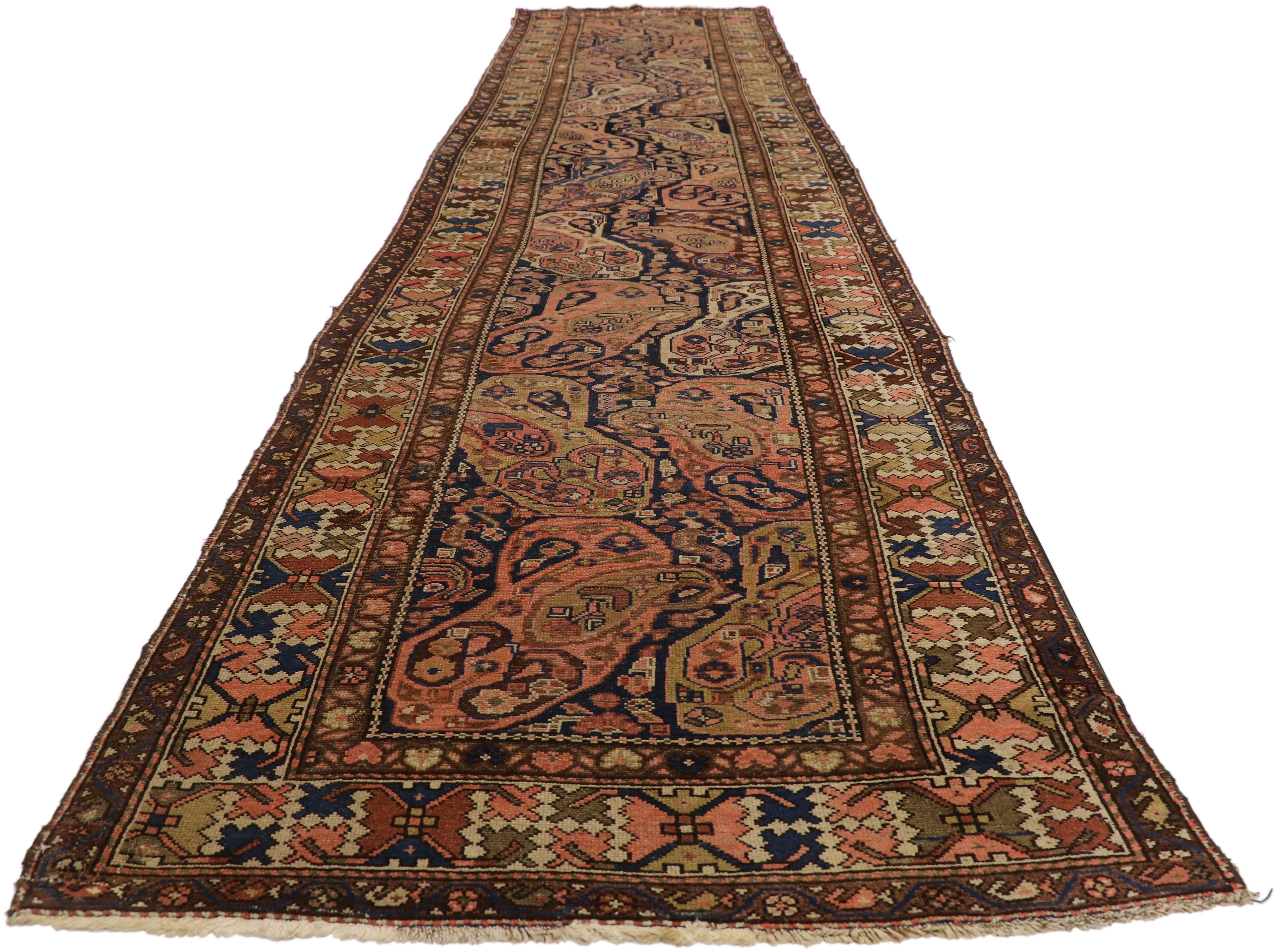 Hand-Knotted Antique Persian Malayer Runner with Boteh Design, Extra-Long Hallway Runner For Sale