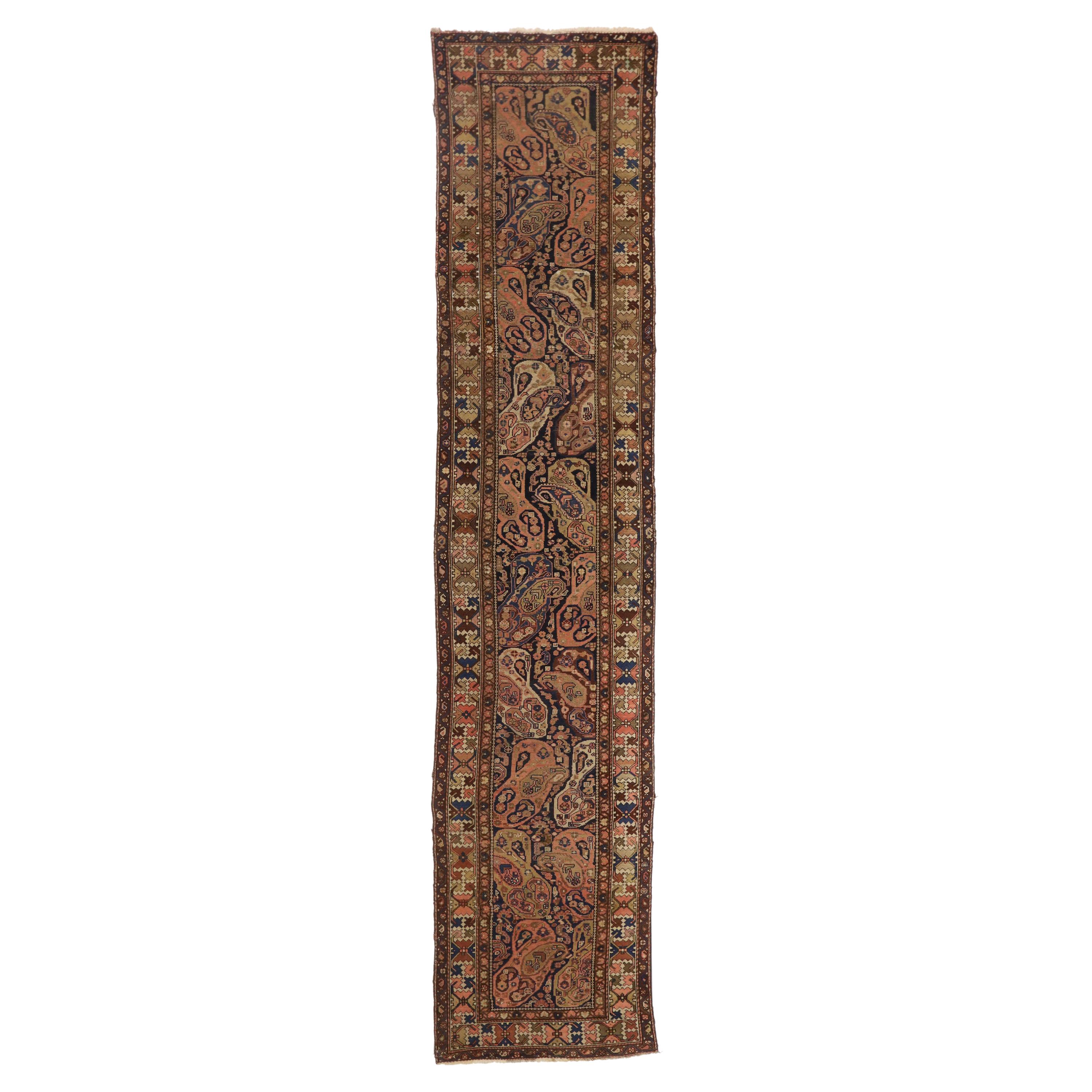 Tapis de couloir persan ancien Malayer avec motif Boteh, tapis de couloir extra long