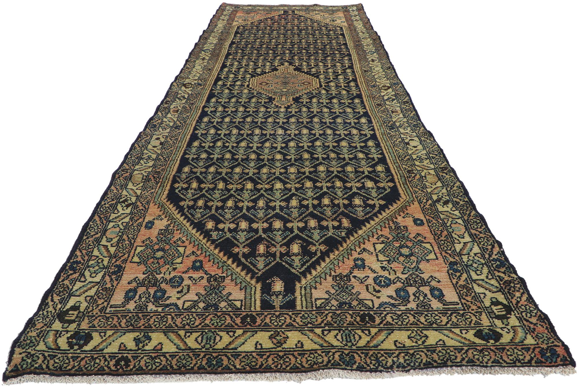 Hand-Knotted Antique Persian Malayer Runner with Boteh Design For Sale