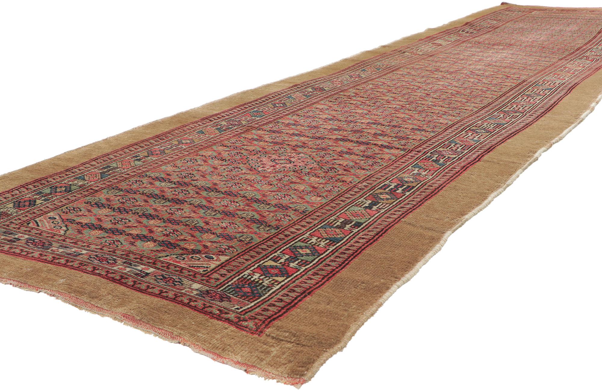 78522 Antique Persian Malayer Camel Hair Rug, 03'08 x 13'06.
Allover Pattern. Mina Khani Design.
Abrash.
Hand knotted wool. Hand knotted camel hair.
Made in Iran.
Measures: 03'08 x 13'06.
Date: Early 20th Century.