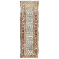 Antique Persian Malayer Runner with Floral Geometrics in Blue-Gray and Rust Antique Persian Malayer Runner with Floral Geometrics in Blue-Gray and Rust